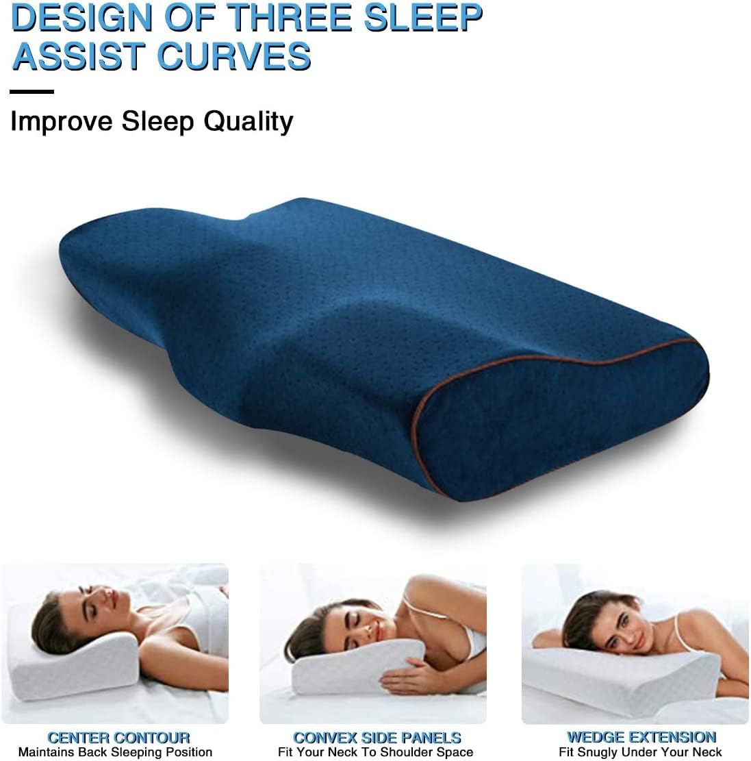 HOOSUFU Almohada Cervical de Memory Foam Almohada Ortopédica para Aliviar el Dolor en el Cuello y Los Hombros Funda Lavable Almohada viscoelástica Azul,Funda de Almohada Blanca
