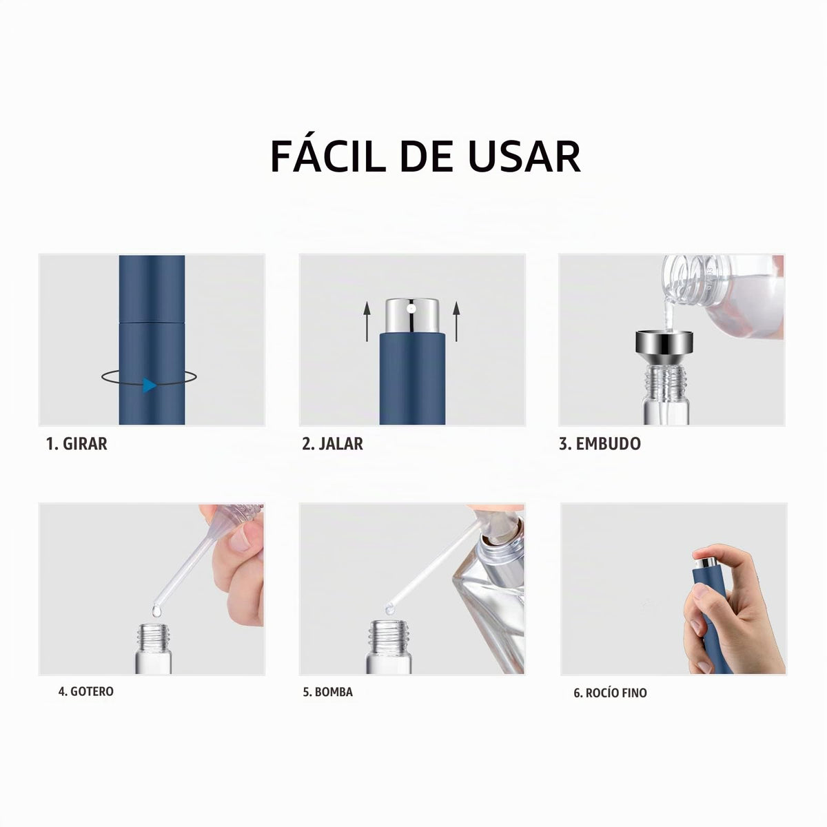 Lil Ray Mini botella atomizadora portátil de 8 ml (4 unidades), atomizador recargable de viaje para perfume, cologn, fragancia con diseño de giro (negro mate y oro rosa y azul y plata)