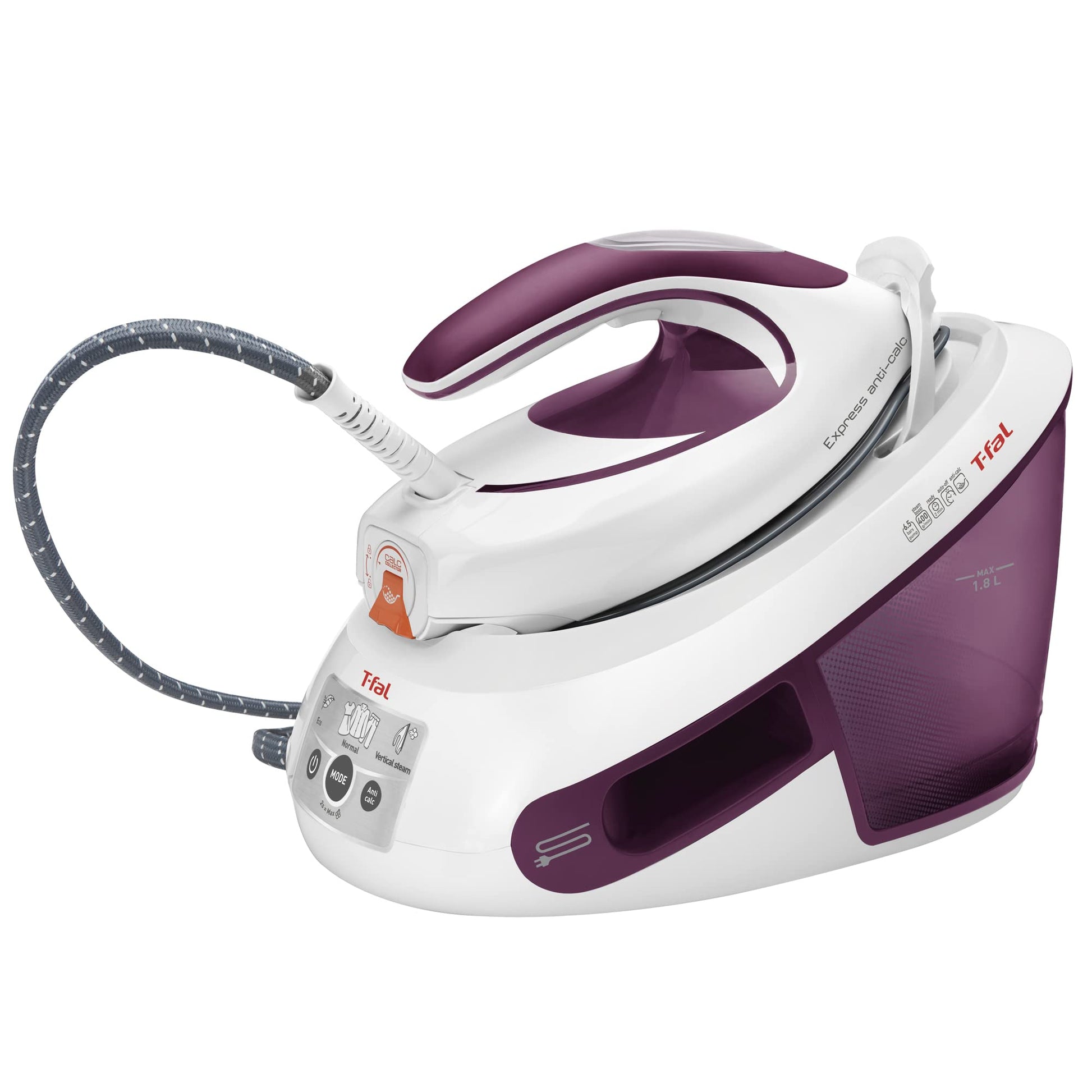 Central de Vapor T-Fal Express Blanca/Morada, Suela Durilium AirGlide, Plancha tu ropa facil y rapido, Depósito de 1.8 L, SV8031X0