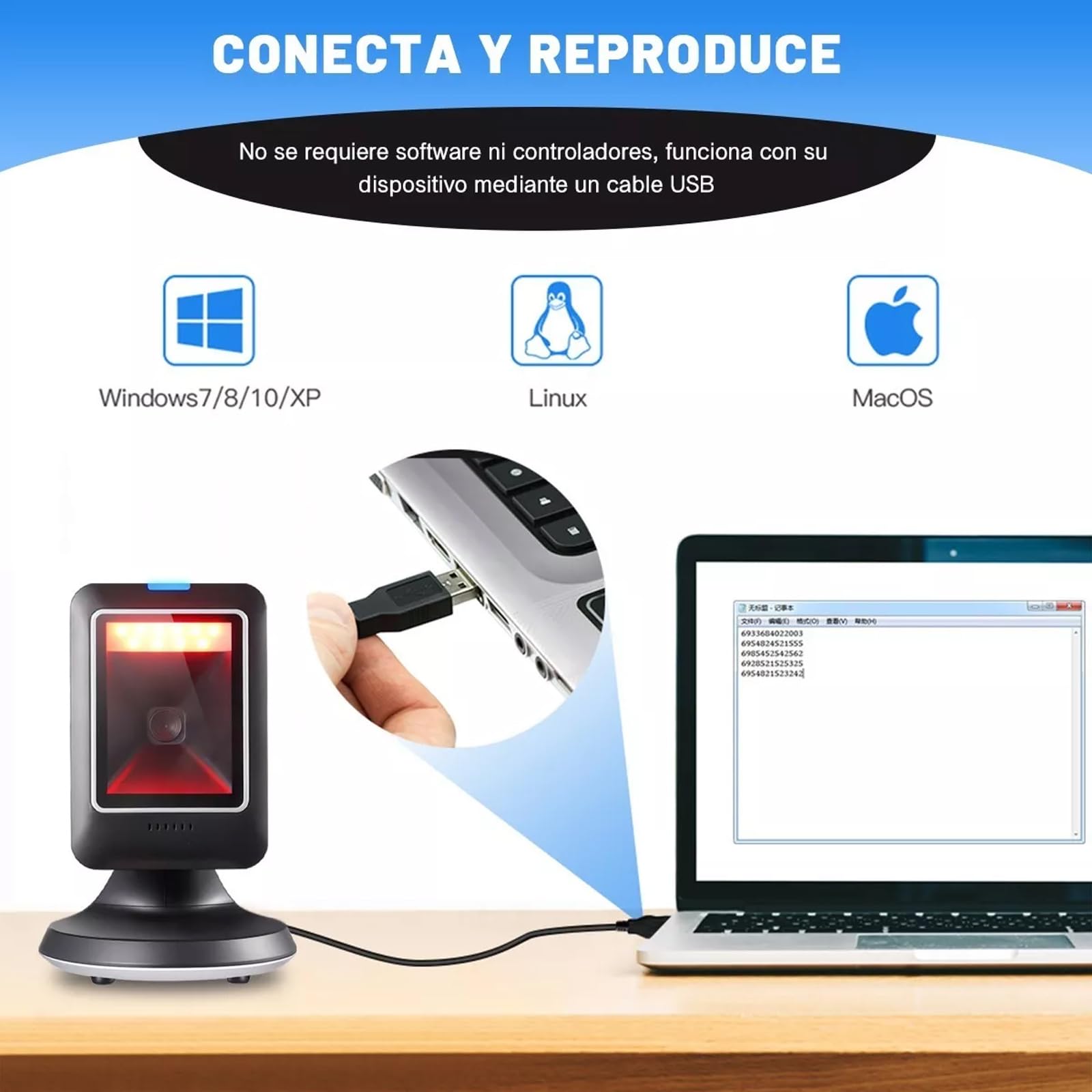Escáner de Código de Barras de Escritorio 1D 2D QR, Lector de Código de Barras con Cable USB, Scanner Código de Barras Detección Automática de Imagen para Supermercado, Biblioteca, Tienda minorist