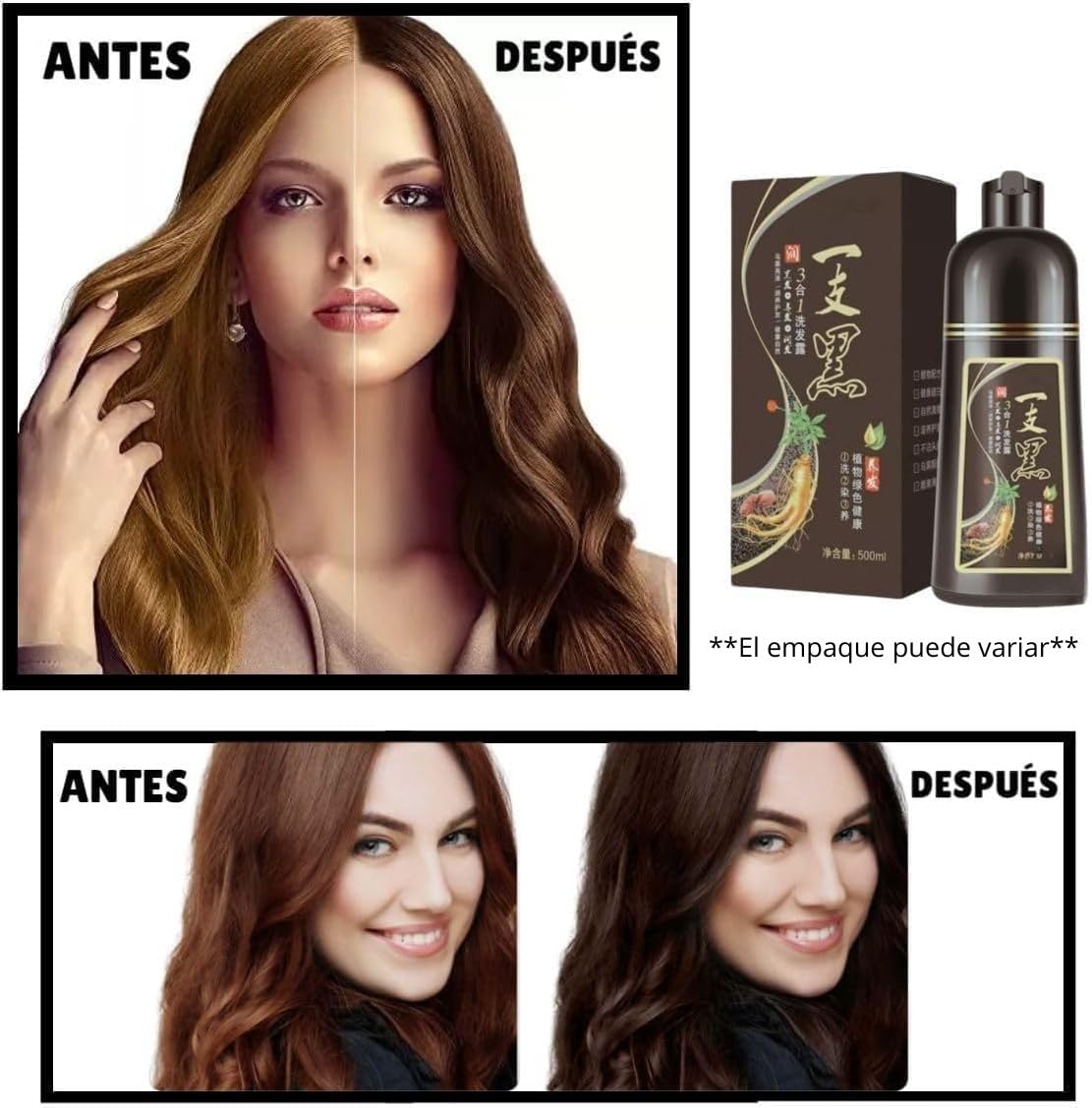 Castaño- Shampoo Tinte Instantaneo Para Cabello Cubre Canas Natural Jengibre 500Ml - Champú Instant Hair Color Para Teñir El Cabello 3 En 1 Coloración Al Instante Con Hierbas Unisex, Para Hombre y Mujer -1 pza
