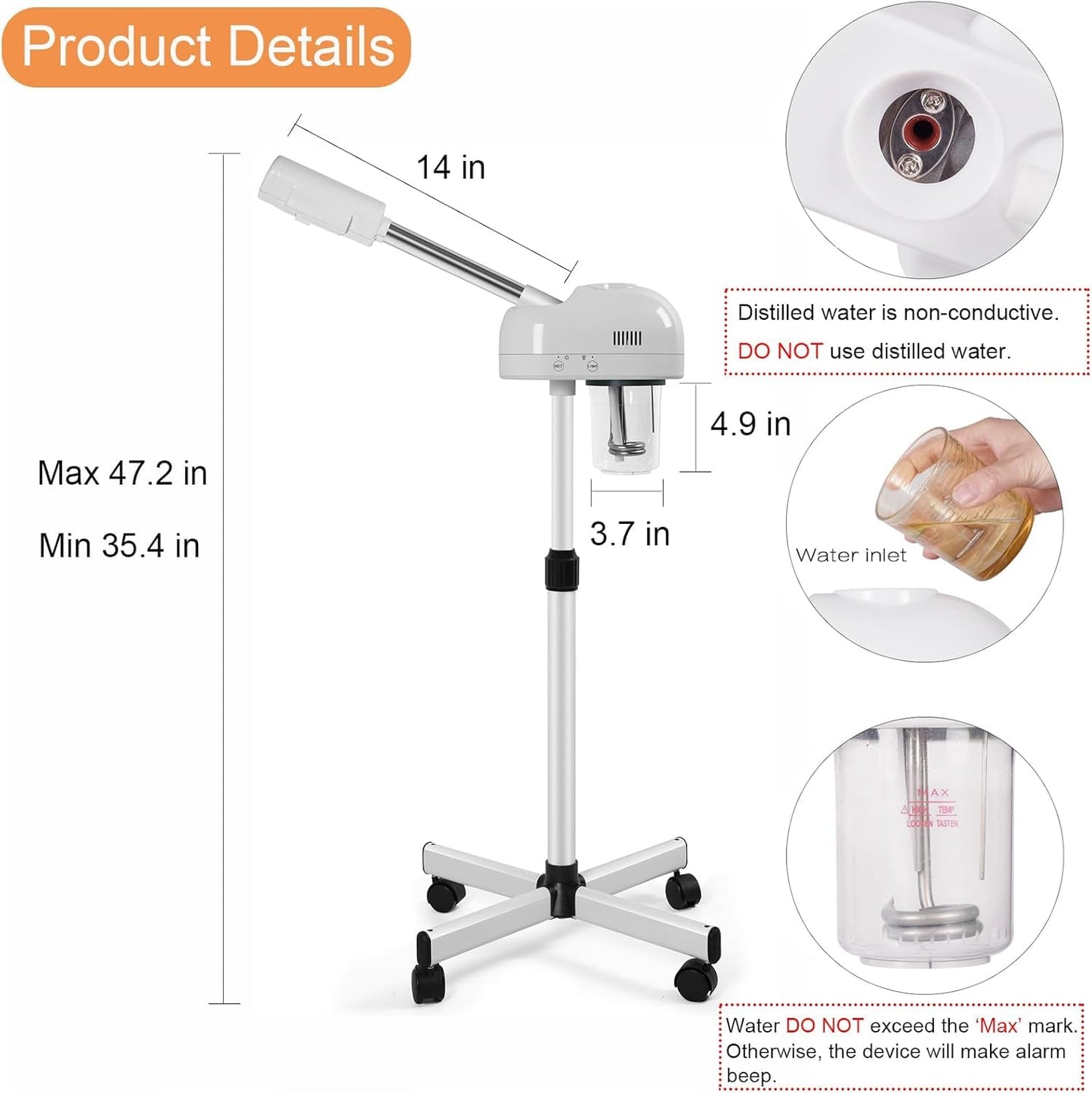 Vaporizador facial profesional de ozono con función de niebla caliente, vapor facial de pie sobre ruedas, altura ajustable y boquilla giratoria de 360°, uso en casa y salón SPA