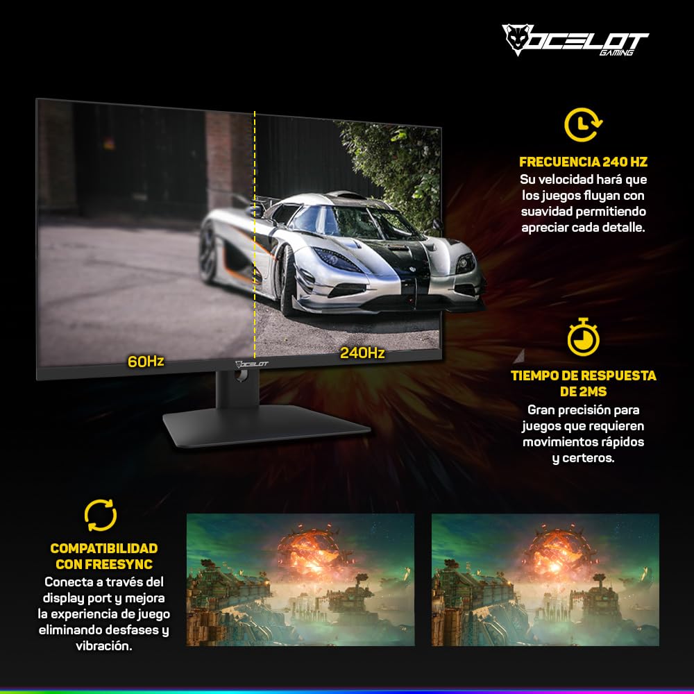 Monitor Gamer Ocelot Gaming IPS 27 Pulgadas Full HD 240Hz Freesync HDMI DP