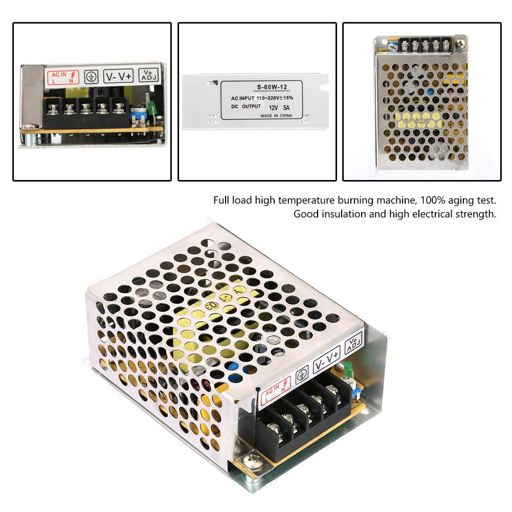 Fuente de alimentación de interruptor regulado universal de 12V 5A AC/DC para LED, convertidor de voltaje, interruptor regulado de fuente de alimentación, rendimiento antiinterferencias