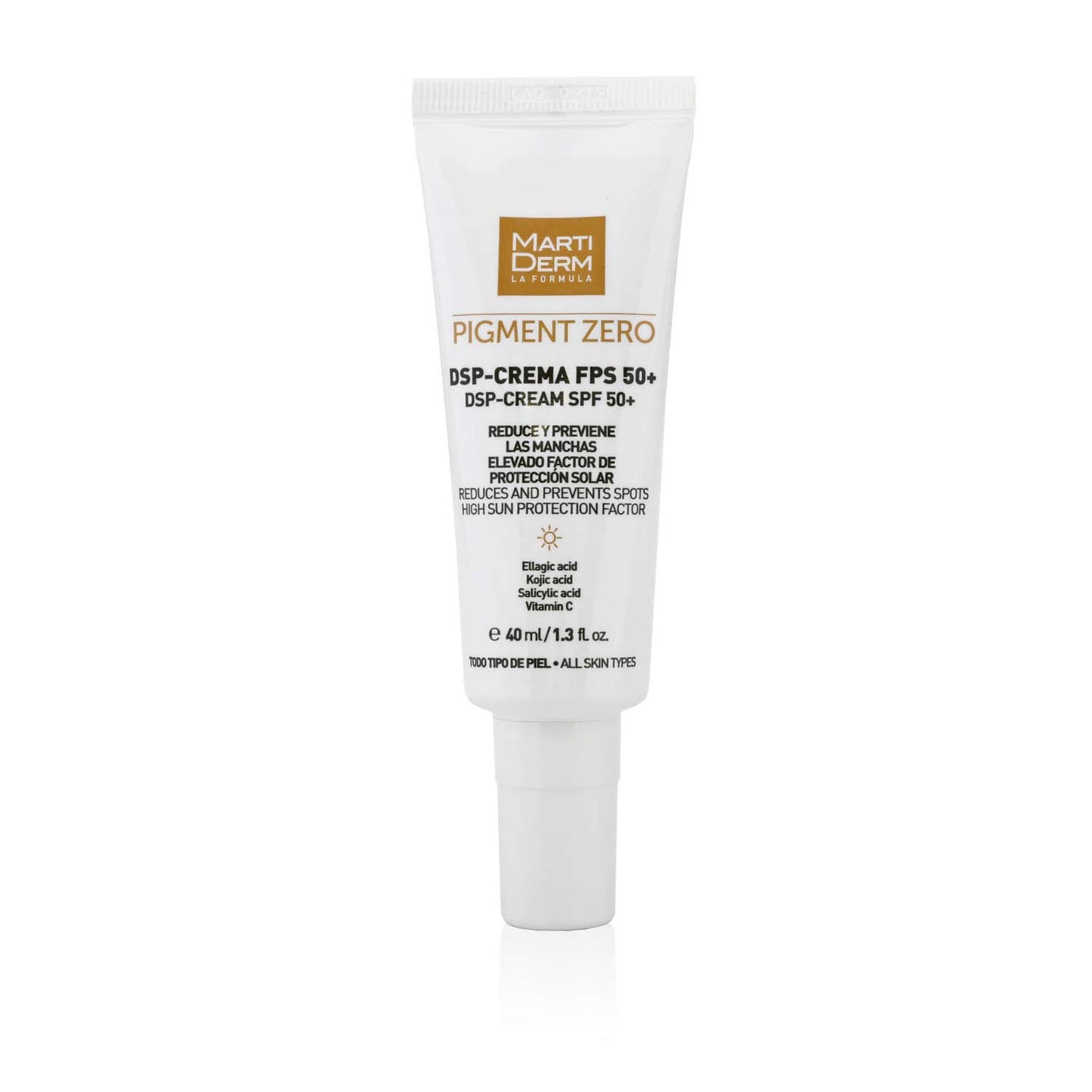 MartiDerm Pigment Zero DSP Crema Despigmentante con Protector Solar FPS 50+ Crema con color, elimina, previene, cubre y protege las manchas. Ácido tranexámico + Ácido ferúlico + Niacinamida + Vitamina C - 40 ml
