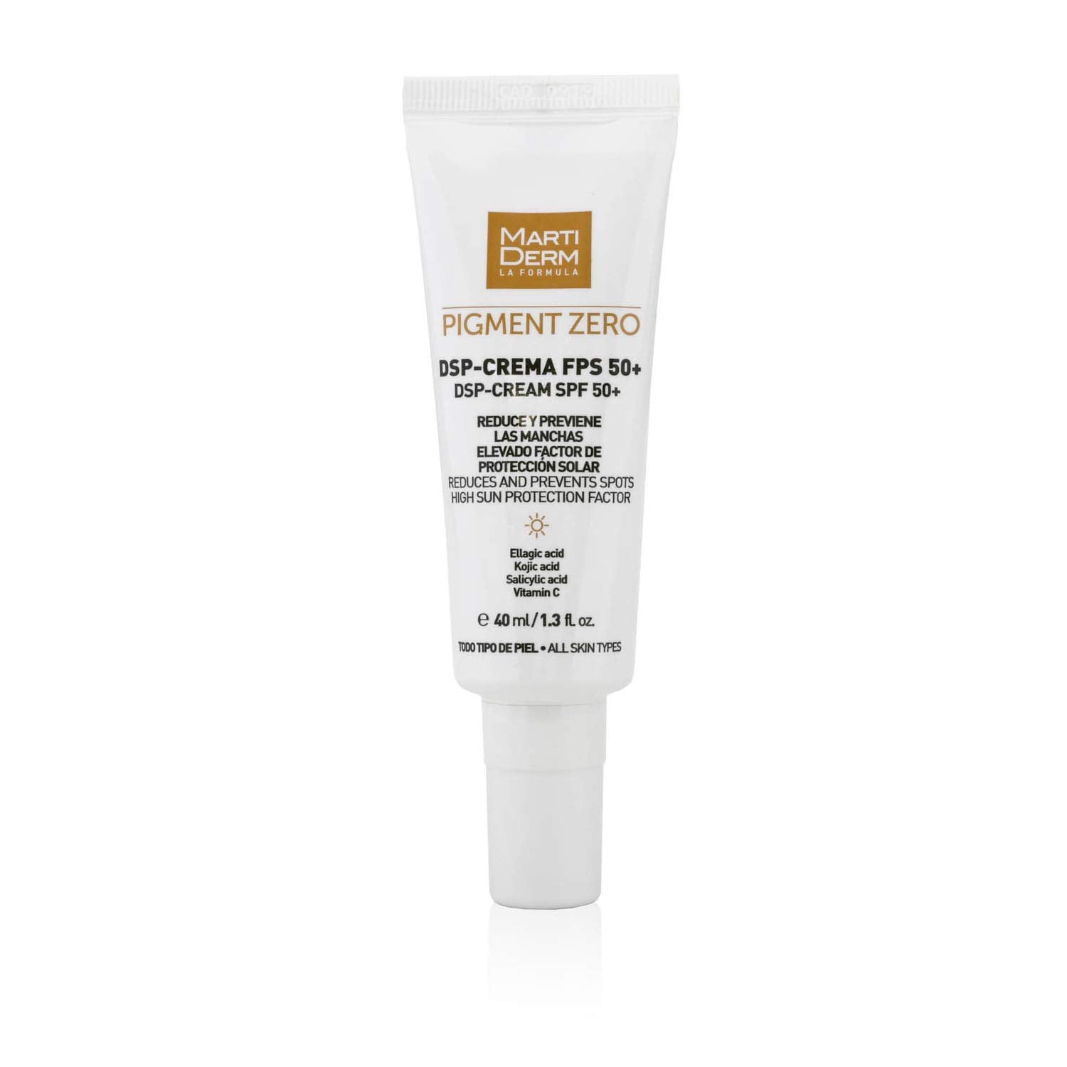 MartiDerm Pigment Zero DSP Crema Despigmentante con Protector Solar FPS 50+ Crema con color, elimina, previene, cubre y protege las manchas. Ácido tranexámico + Ácido ferúlico + Niacinamida + Vitamina C - 40 ml