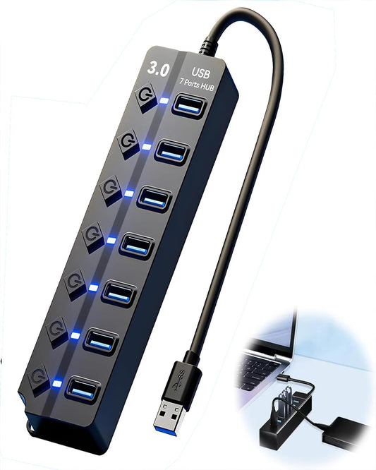Hub USB 3.0, Multicontacto USB Splitter de 7 Puertos Independientes con LED e Interruptores, Conector Múltiple USB 3.0 5Gbps Adaptador de Aluminio 12V/2A para PC, Portátil, MacBook Pro/Air y Más