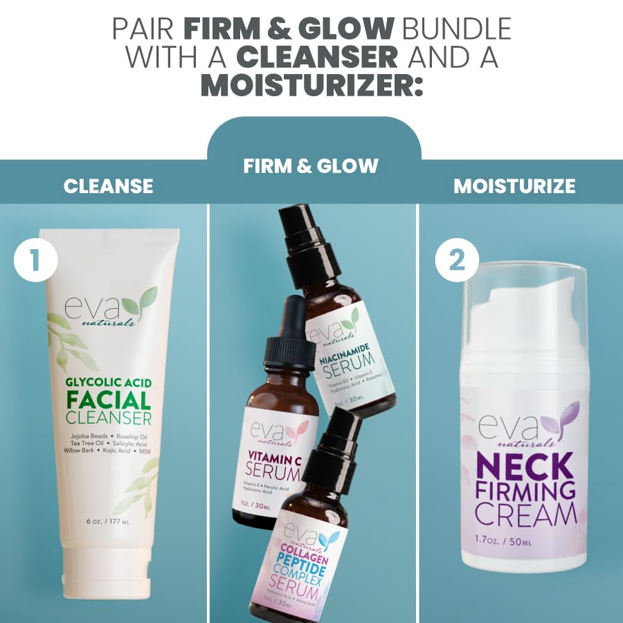 Eva Naturals - Juego de 3 sueros para el cuidado de la piel con 20% de suero de vitamina C, suero complejo de péptidos, suero de vitamina B3 de niacinamida, suero de péptidos para la cara, suero facial