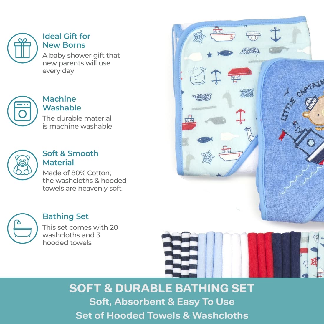 Spasilk 23-Piece Soft Terry Hooded Bath Towel and Washcloth Set, 3 Baby Towels and 20 Baby Washcloths for Newborn Boys and Girls, Navy Nautical