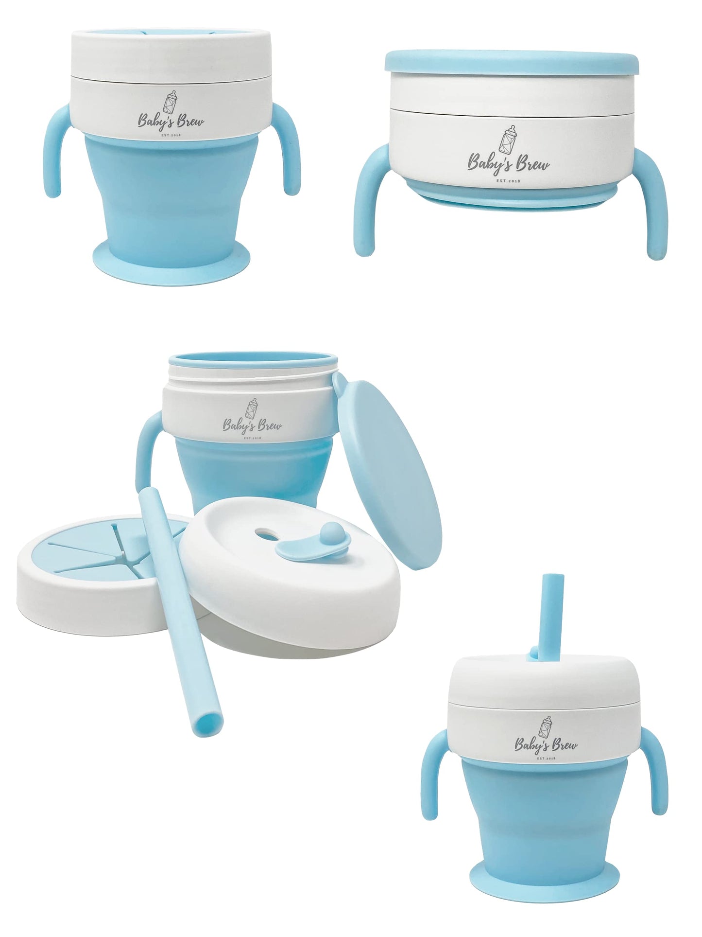 Baby's Brew The 2 en 1 - Taza plegable para aperitivos y pajita, color azul