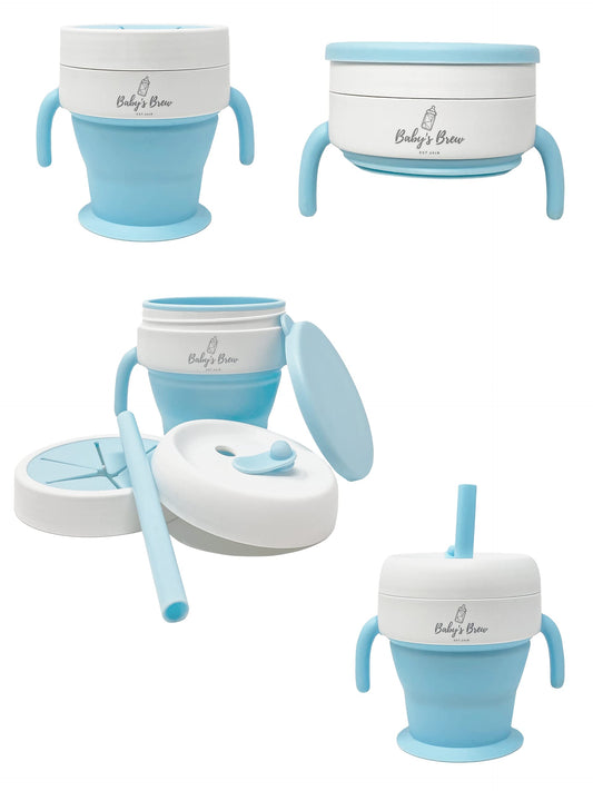 Baby's Brew The 2 en 1 - Taza plegable para aperitivos y pajita, color azul