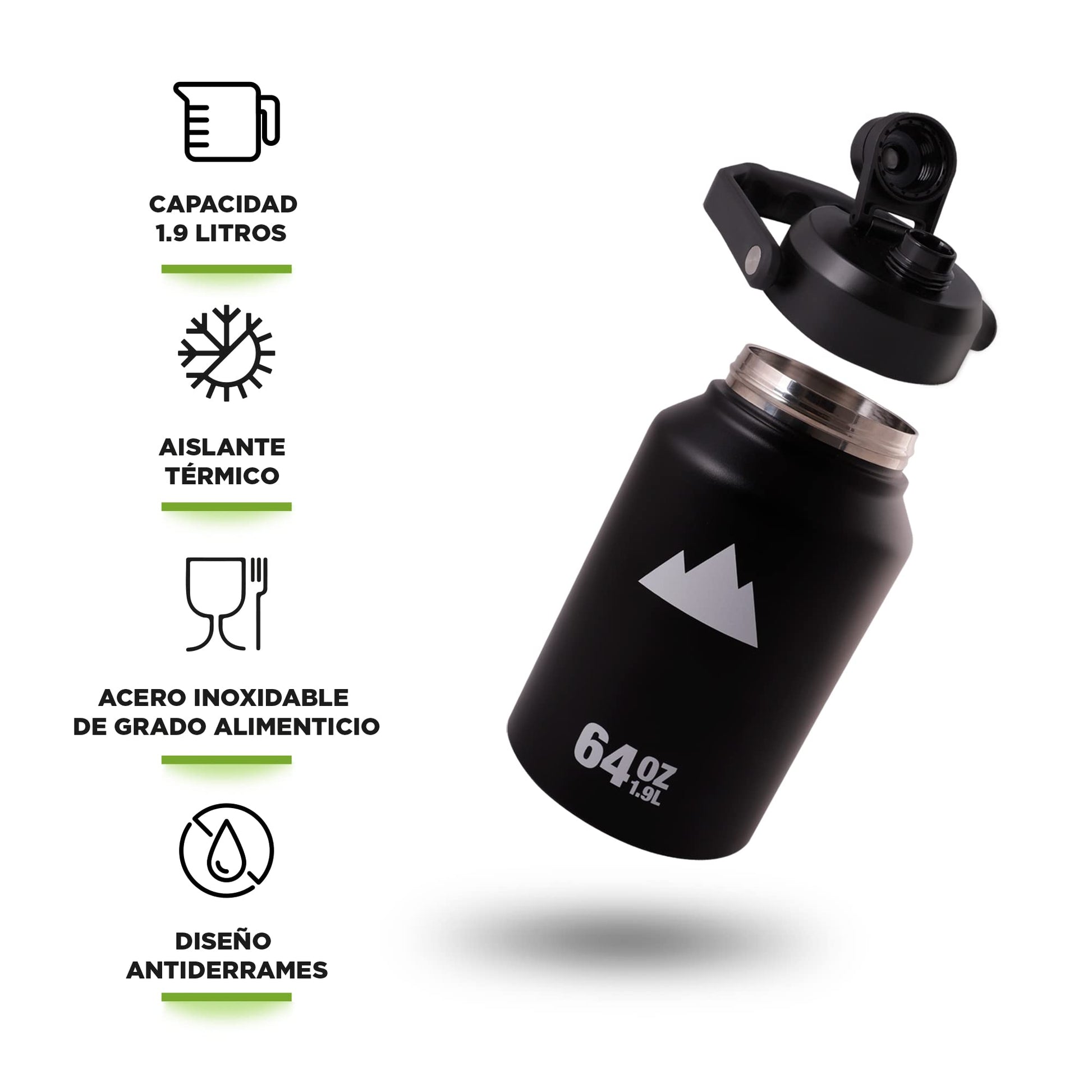HIKEO Termo Jumbo XL Acero Inoxidable 1.89 Litros Extra Grande, Botella de Agua Hermética con Doble Pared de Aislamiento Térmico, 14 Horas Agua Fría y 12 Horas Agua Caliente, para Camping y Deportes