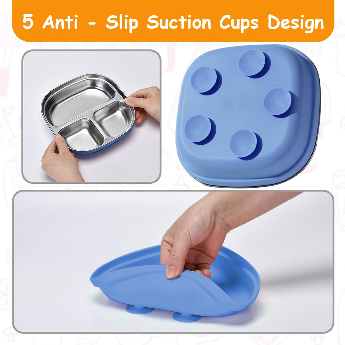 Paquete de 2 platos de acero inoxidable para niños con succión, borde alto de 7.75 pulgadas, a prueba de derrames, 2 cucharas y mangas extraíbles, aptos para microondas y lavaplatos, sin BPA
