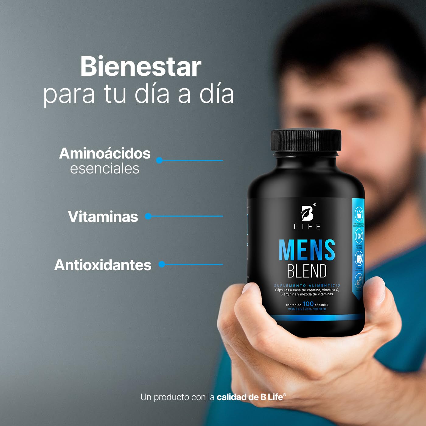 B Life Multivitamínico para Hombre | 100 Cápsulas | 650 mg por cápsula | Creatina Monohidratada, BCAA 2:1:1 (L-Leucina, L-Isoleucina, L-Valina) y L-Arginina | Ingredientes Naturales | Mens Blend.