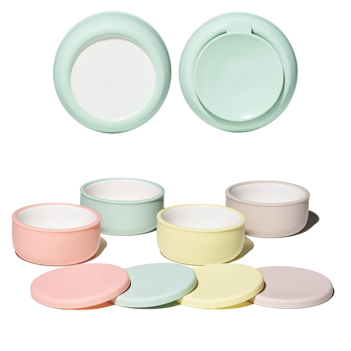 Pandaloo - Cuencos de porcelana para niños con funda y tapa de silicona extraíble, base de succión fuerte, apto para microondas y lavavajillas, a prueba de niños pequeños, cuencos de alimentación de