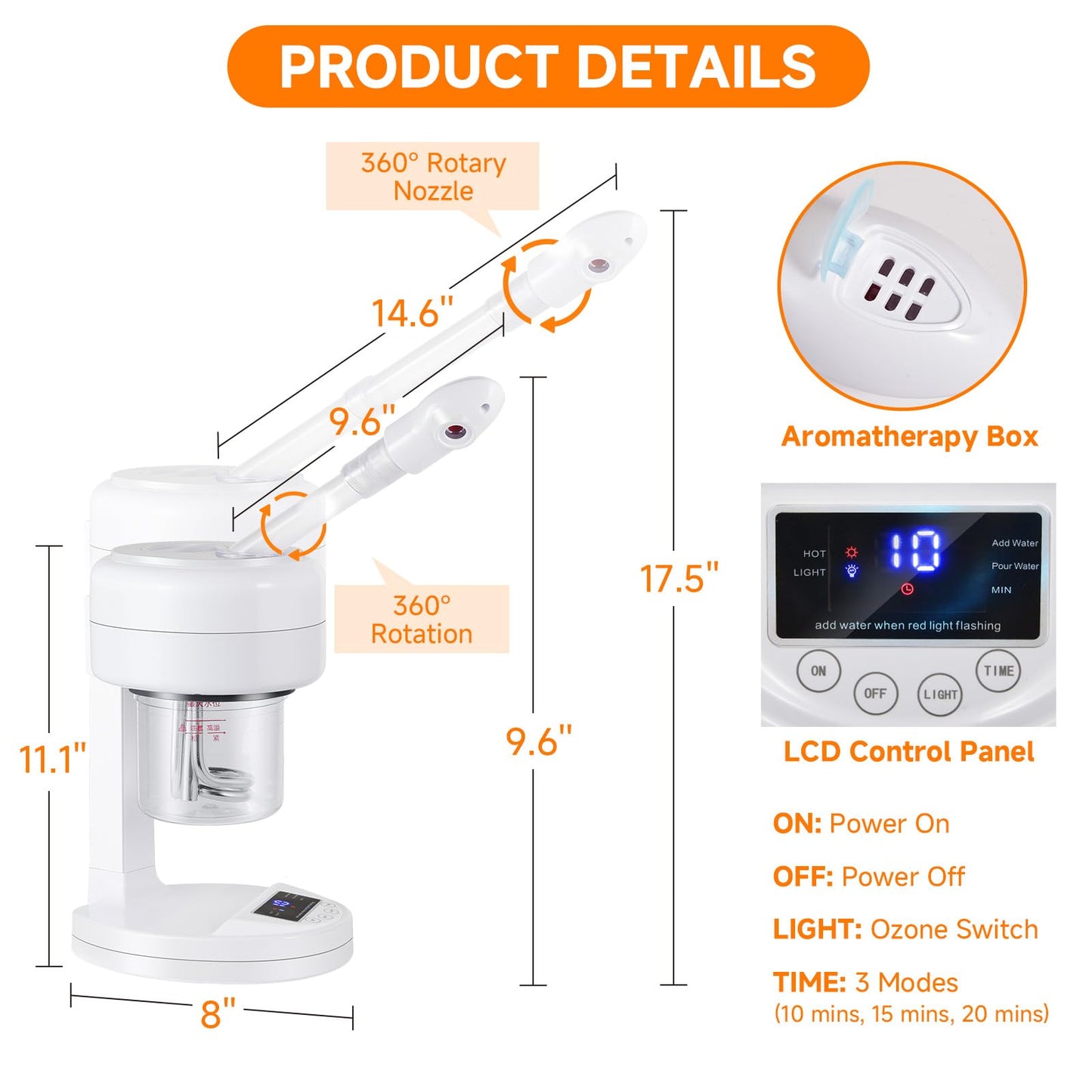 AceFox Vaporizador Facial Portátil Nano Iónico con Brazo Extensible y Boquilla Giratoria de 360° para Esteticistas en Blanco