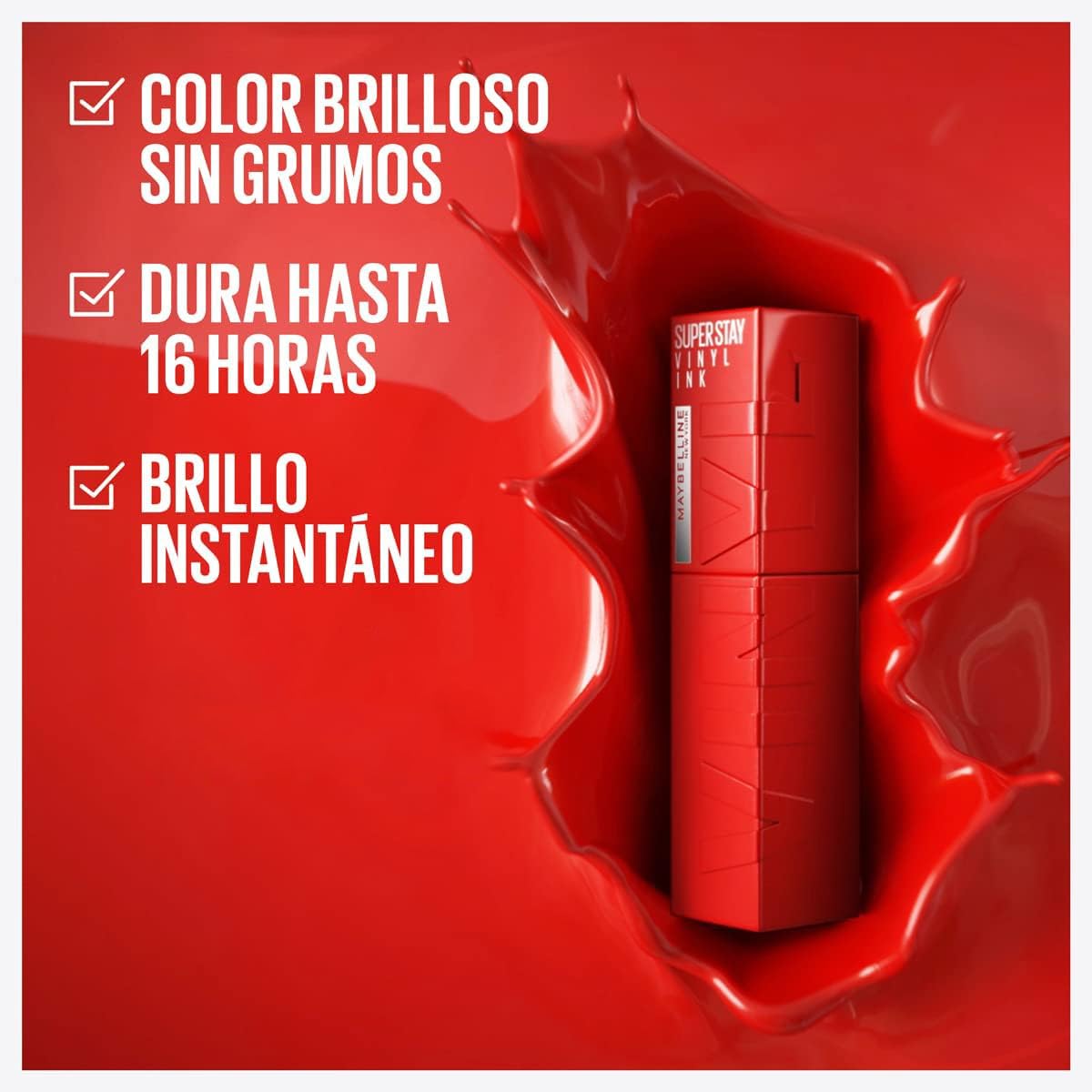 Maybelline Labial líquido brillante de larga duración, Superstay Vinyl Ink tono Red Hot 255, 4.2ml