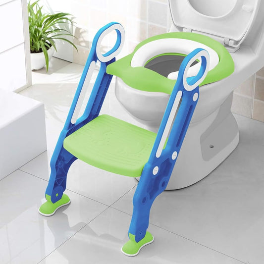 Baño Entrenador Niño, Asiento Entrenador para Baño con Tapizado y Escalera Antideslizante, Plegable Escalera para Baño Niños, Fácil de Guardar, Asiento Ergonómico, Edad de 3 a 10 Años, Verde Azulado