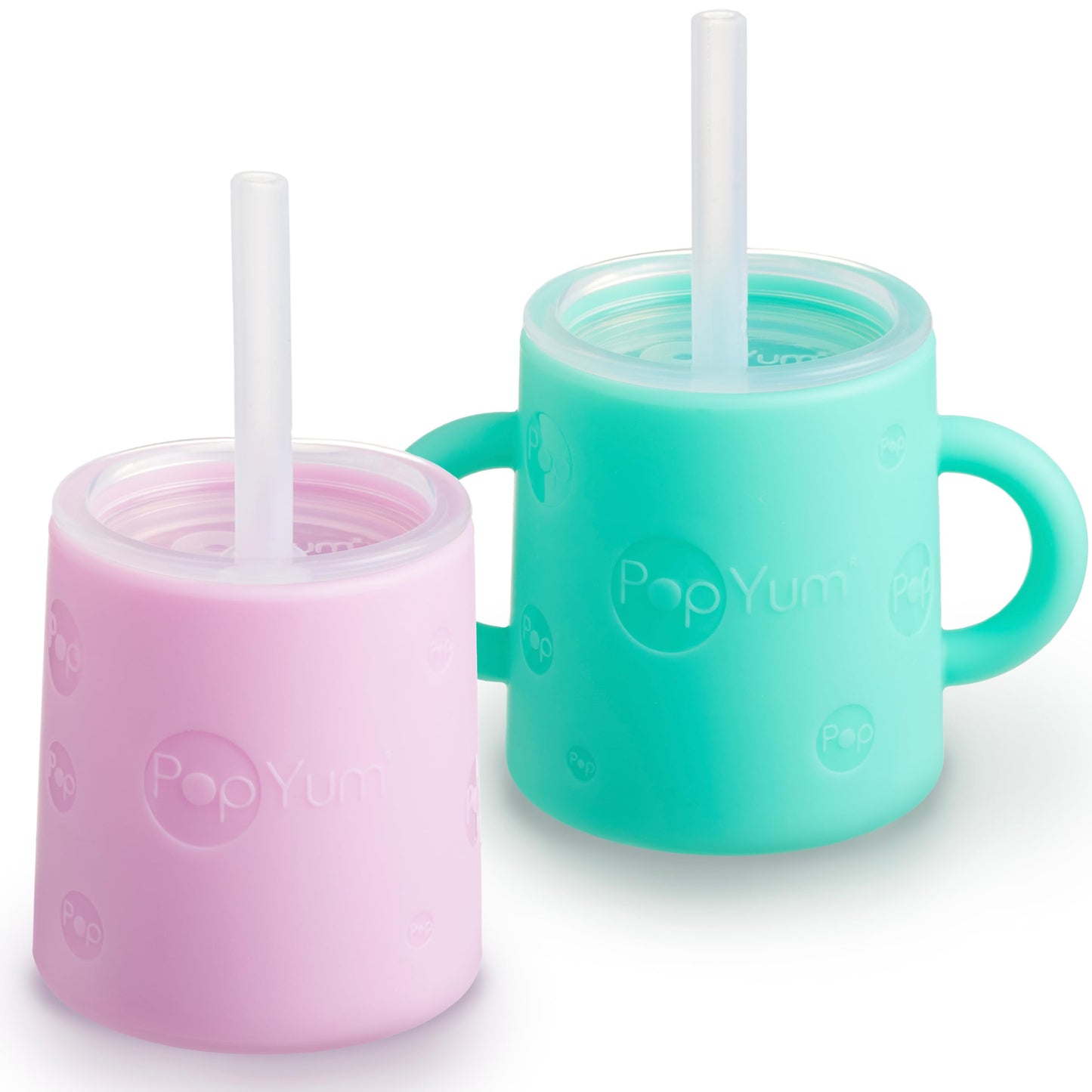 PopYum Taza de Entrenamiento de Silicona con Pajita + Tapa, Paquete de 2 para Bebé, Infante y Niño Pequeño, Vaso, Sippy, Asas, 5 Onzas (verde, rosa)