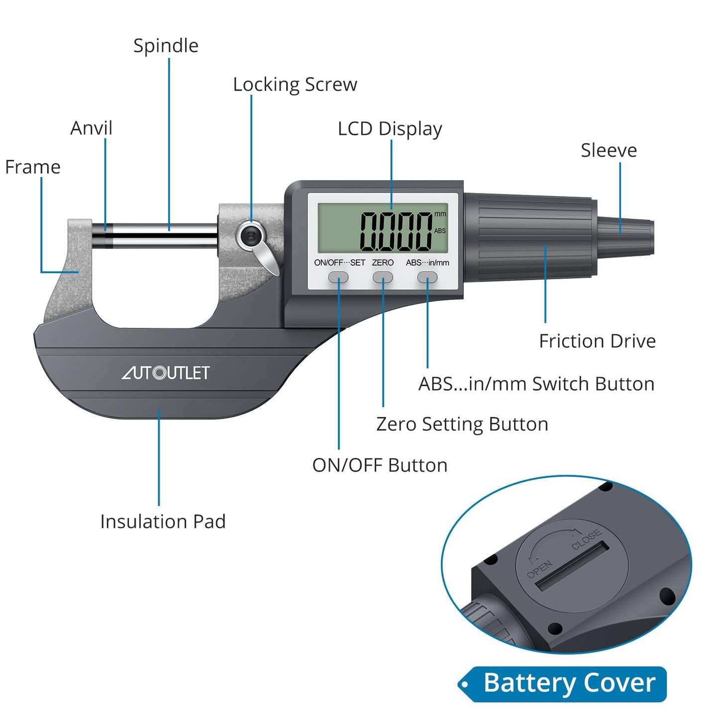 AUTOUTLET - Micrómetro electrónico digital de 0 a 25 mm, herramienta de medición de precisión con visualización LCD y estuche de transporte para una medición precisa