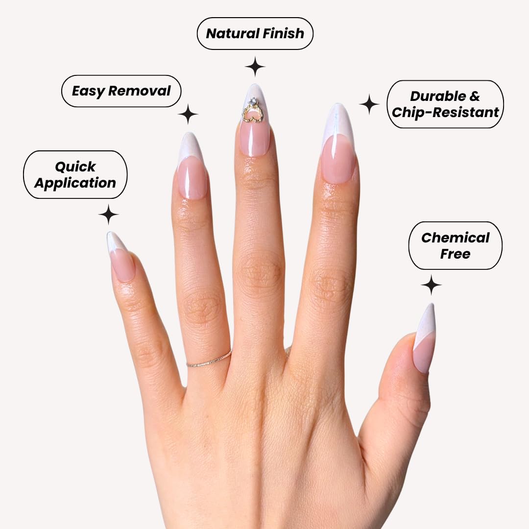 VotreNaeil Uñas postizas PerfectLook - Aurora Kiss | Uñas almendra nude sin pegamento con puntas francesas esmaltadas y dije de corazón dorado - Kit de 24 uñas con adhesivos