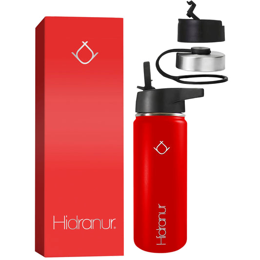 Hidranur Termo de Acero Inoxidable Doble Aislamiento Térmico, Termo Para Café 18 oz (532.32 ml), 3 Tapas Herméticas, 2 Popotes, 24 Hrs de Agua Caliente y Fría (Rojo, 18 Oz (532.32 ml))