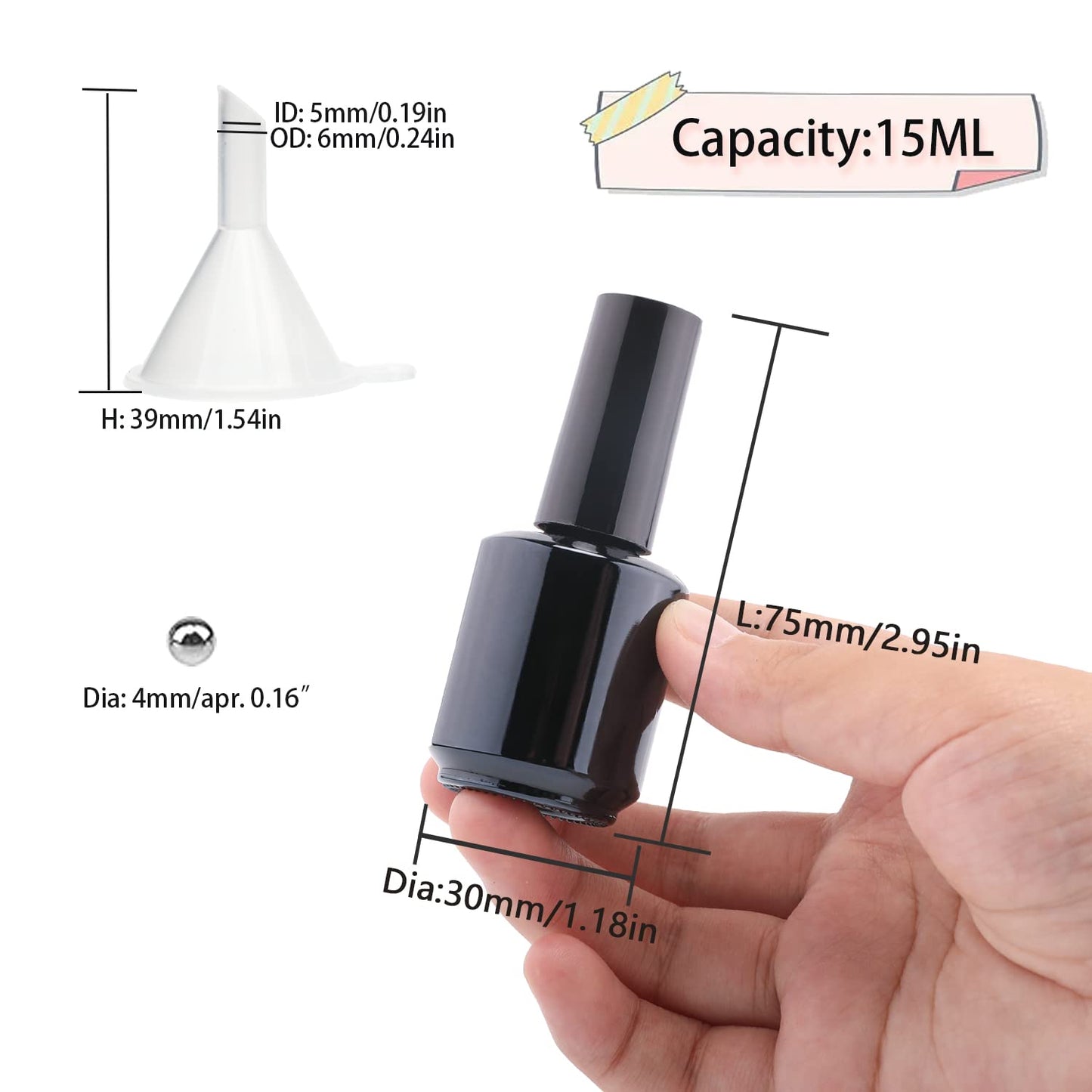 Botellas vacías de esmalte de uñas de gel, botellas de esmalte de uñas vacías de 15 ml con cepillo para polvo negro mate, botellas de esmalte de uñas redondas opacas, aptas para los rayos UV, con
