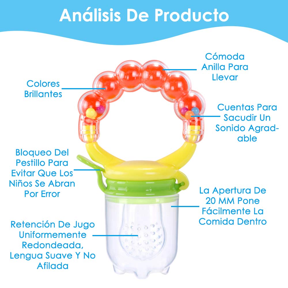 HomeChi Contenedor para alimentar al bebé, accesorio para alimentación de bebé, exprimidor de alimentos para bebés, chupete de fruta fresca, Chupon mordedera y 2 piezas de cucharas
