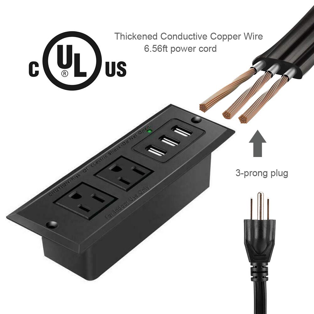 Enchufe empotrado para conferencias con puertos USB, tira de alimentación de mesa, estación de carga de computadora con 2 tomas de corriente y 3 puertos USB (máximo 3,5 A)