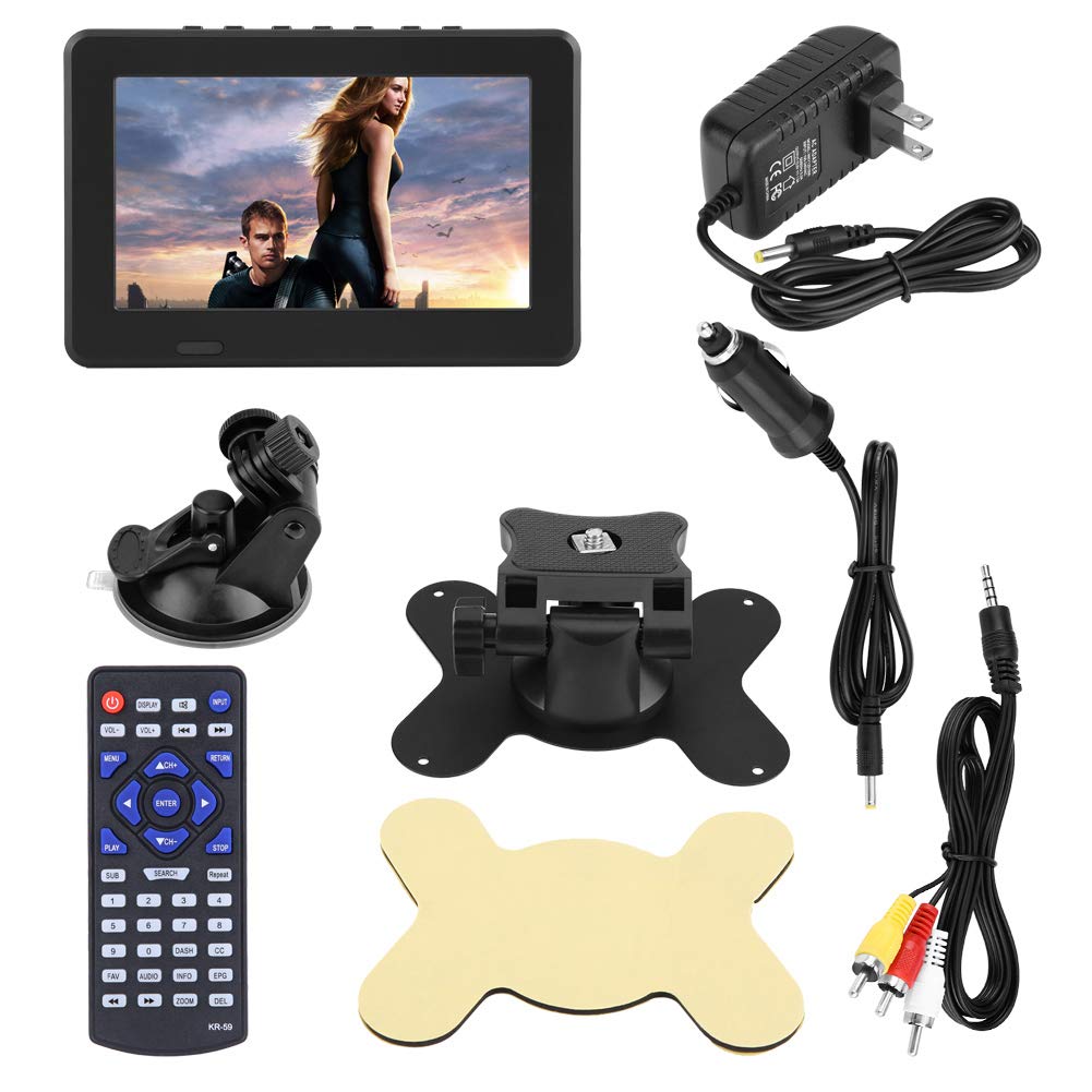 Fosa TV Digital para automóvil, televisión portátil portátil ATSC Televisor estéreo 1080P Reproductor de Video con Radio FM y Soporte de ventosas con Doble Altavoz y Control Remoto (7in)