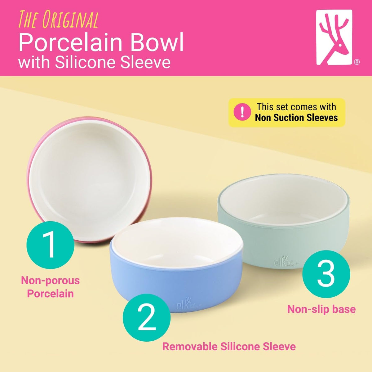 Elk and Friends Cuencos de porcelana para niños con manga de silicona | Alimentación para niños/bebés/pequeños | Apto para microondas y lavavajillas | Antideslizante | Platos y vajilla para cereales