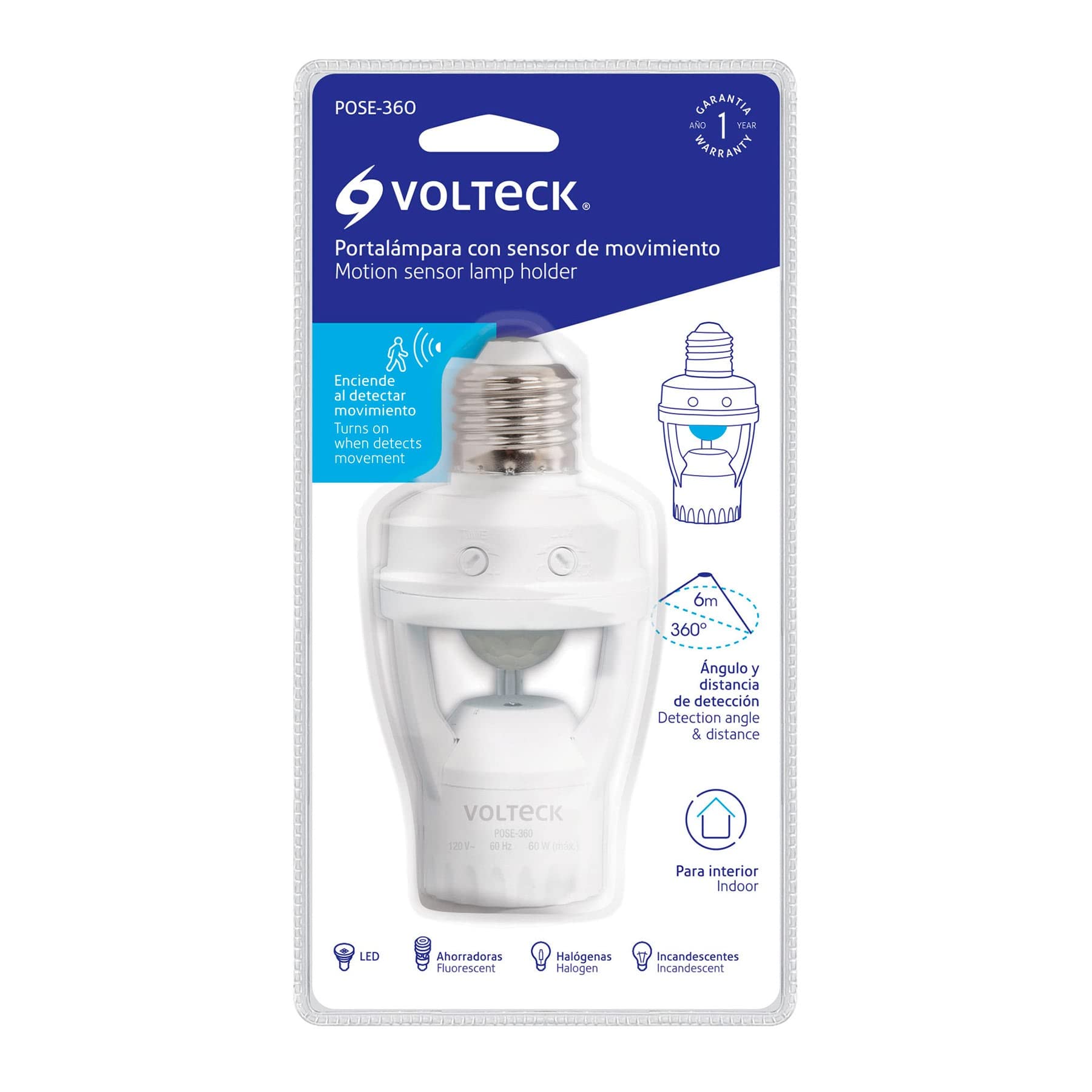 Portalámpara Volteck Blanco con Sensor de Movimiento