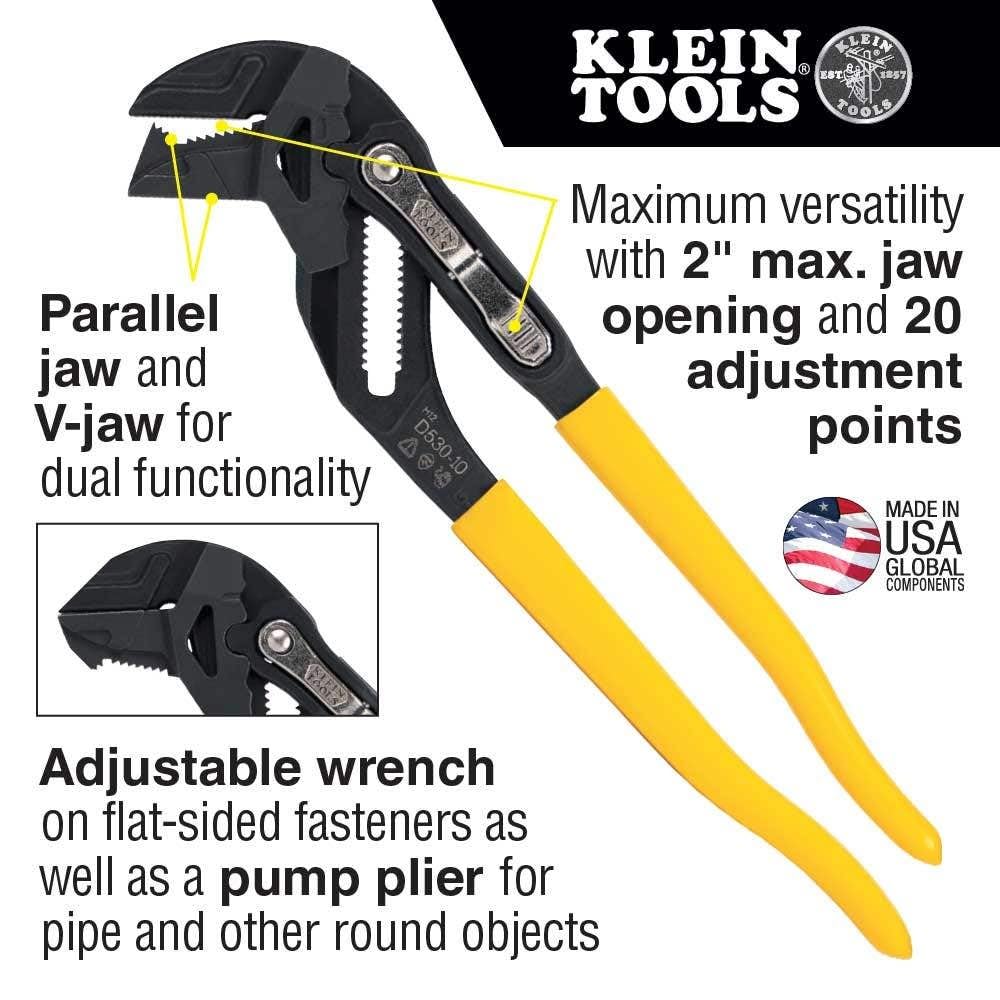 Klein Tools D53010 - Llave de alicates multiuso de alto apalancamiento con mandíbula de doble cara ajustable y reversible, dientes suaves y moleteados, 10 pulgadas