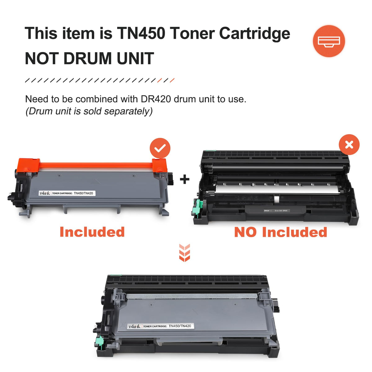 Cartucho de Tóner V4INK Negro Alto Rendimiento para Impresora Brother TN450 TN420 Series