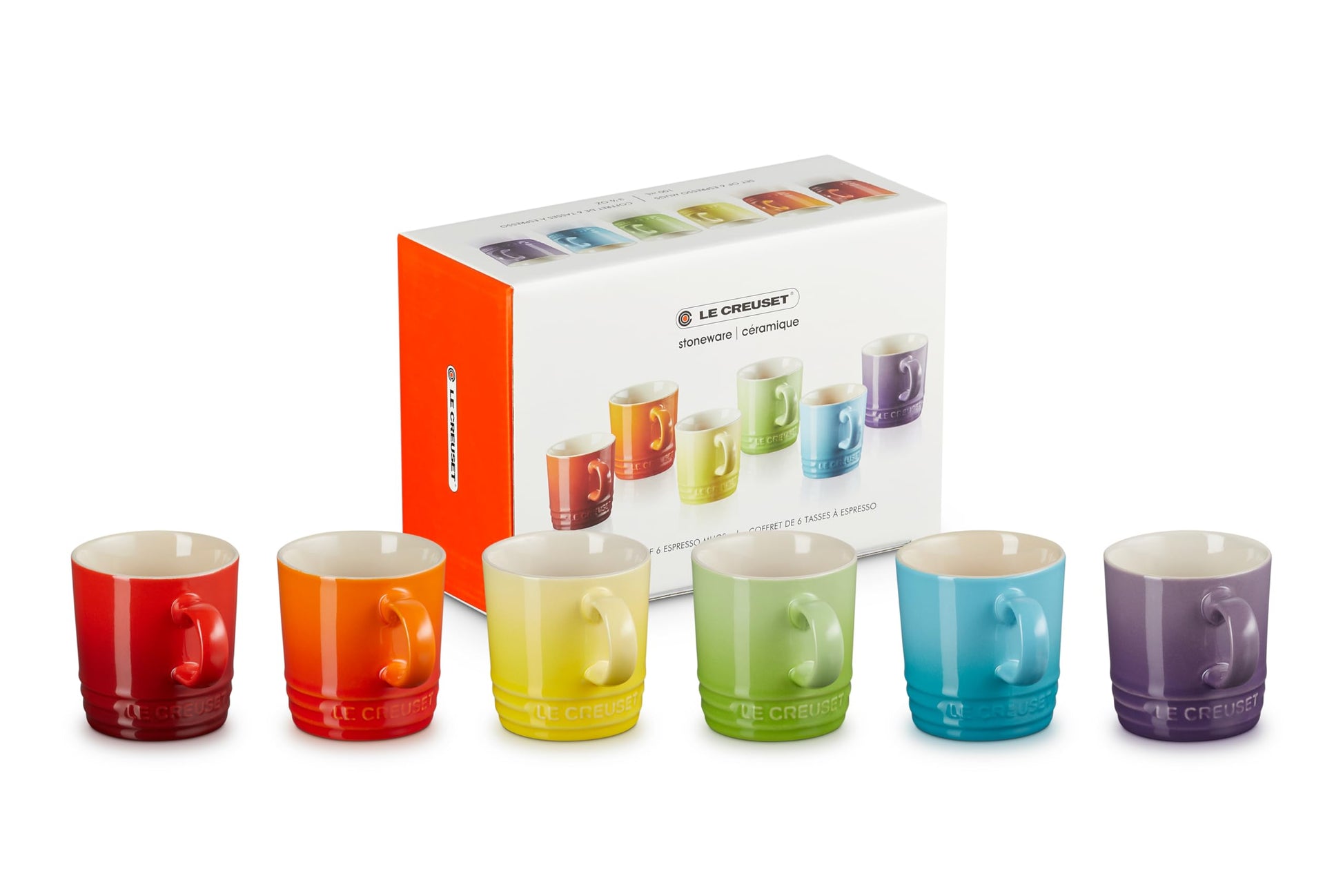 Le Creuset 79114108359030 - Juego de 6 tazas de café con texto en inglés Rainbow