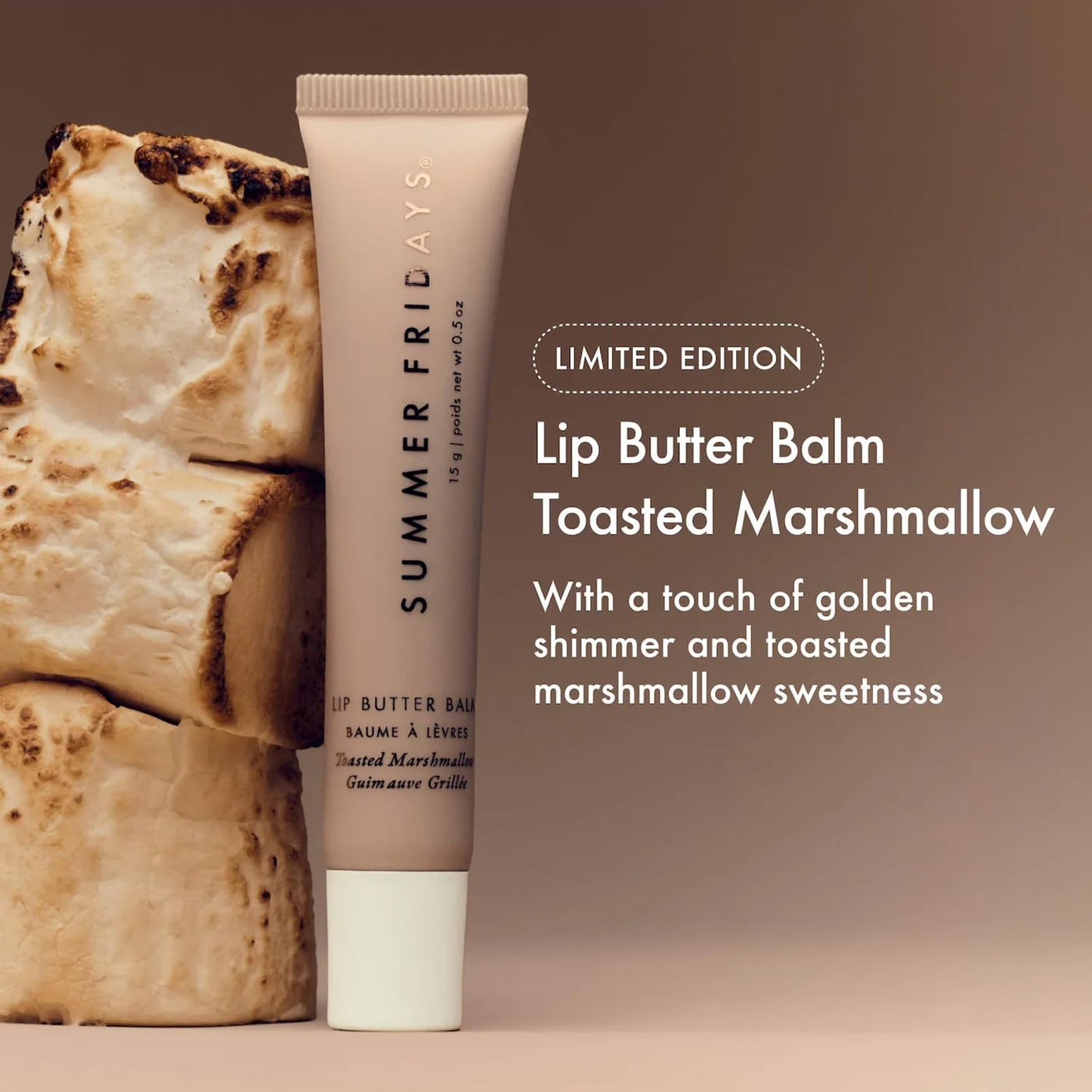 Summer Fridays Lip Butter Balm Edición Limitada, Tono Toasted Marshmallow, con Toque de Brillo Dorado, 15g