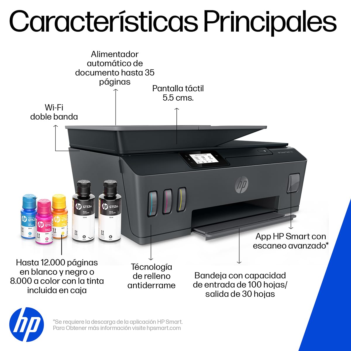 HP Impresora Multifuncional Smart Tank 530, Tinta Continua, Color, Wi-Fi, Dúplex (Doble Cara) Manual, ADF Alimentador Automático, Imprime Smart App, Impresión, Escaneo, Copiado (4SB24A)