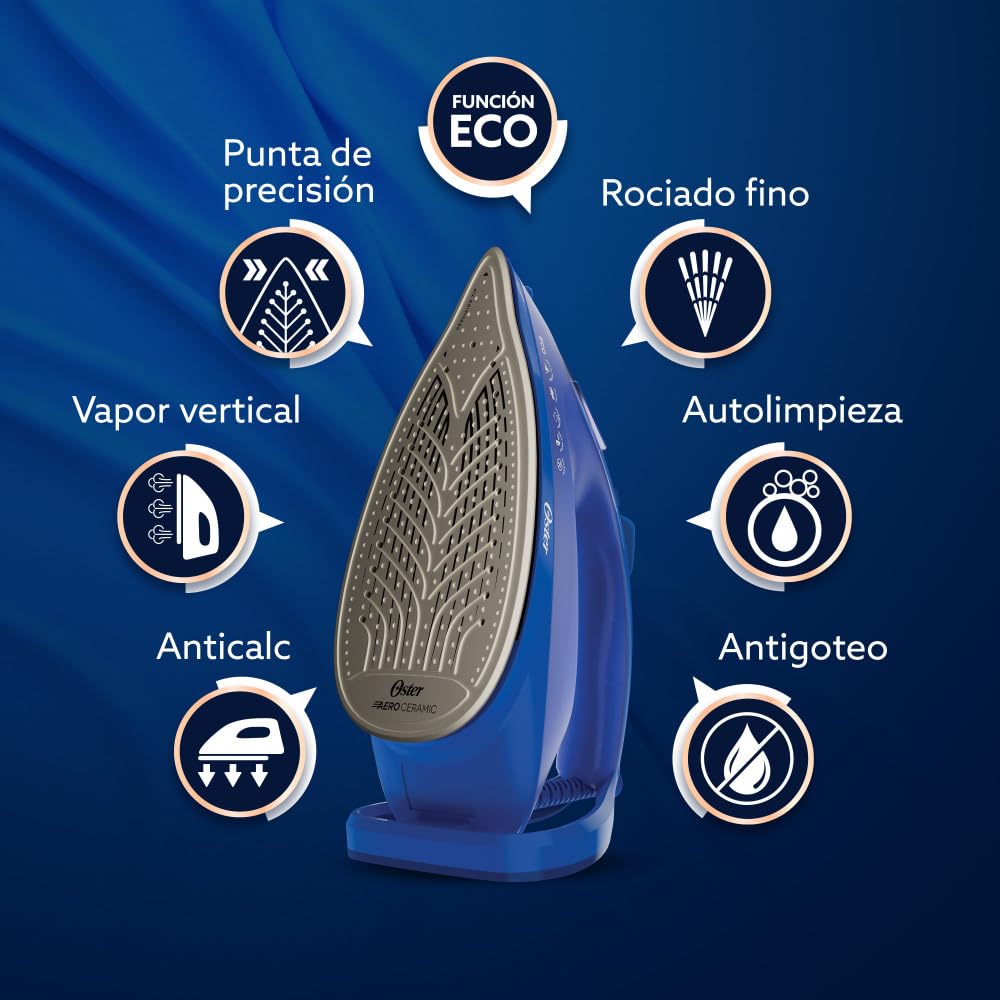 Oster Plancha de Vapor, AeroGlide Plus S7600, con Golpe de Vapor 200 g/min, Recubrimiento Metálico Cerámico, Suela con más Cobertura, Tecnología Aeroceramic, Función Eco, Azul Claro, GCSTAC7601-013