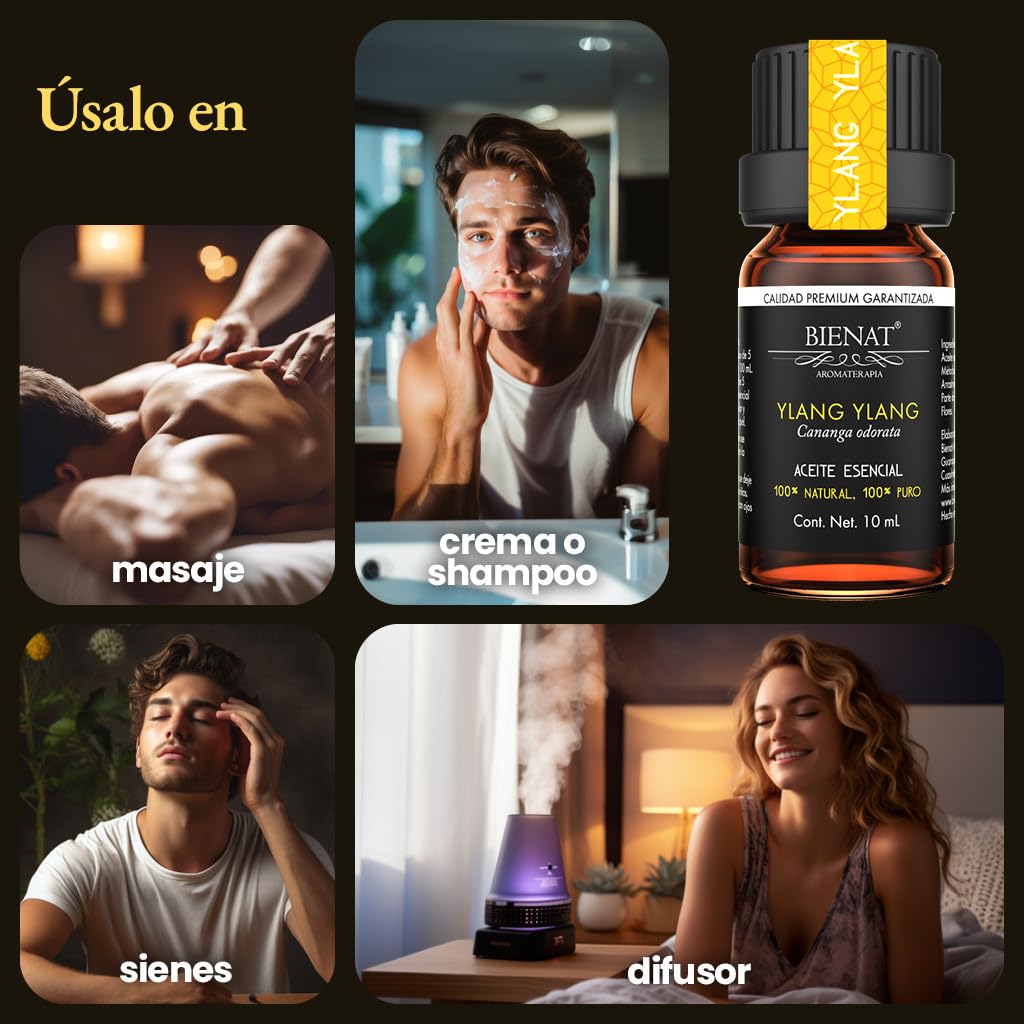 BIENAT AROMATERAPIA Aceite Esencial de Ylang Ylang 10mL | 100% Puro y Concentrado | Ideal para Difusor de Aromas, Humidificador, Aromaterapia, Masajes, Meditación, Jabones y Velas | Esencia Natural en Gotas