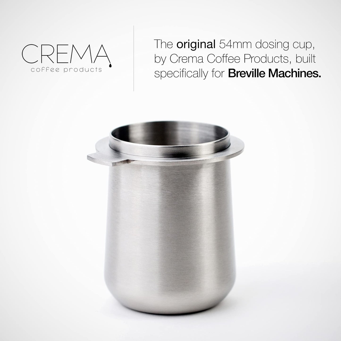 Crema Coffee Products | Taza dosificadora de 54 mm | Plata cepillada | Acero inoxidable 100% | Taza dosificadora de café espresso | Se adapta a portafiltros Breville de 54 mm