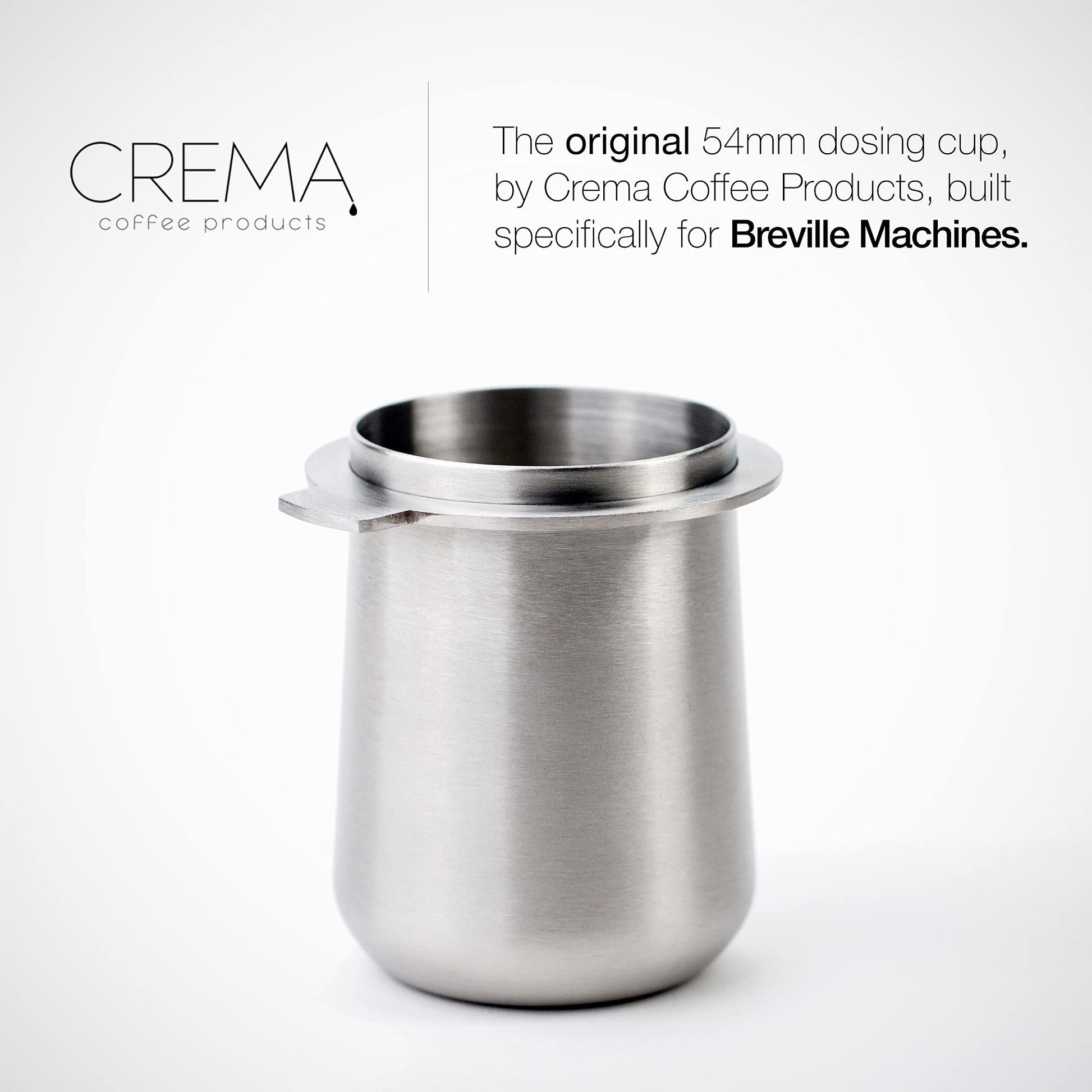 Crema Coffee Products | Taza dosificadora de 54 mm | Plata cepillada | Acero inoxidable 100% | Taza dosificadora de café espresso | Se adapta a portafiltros Breville de 54 mm