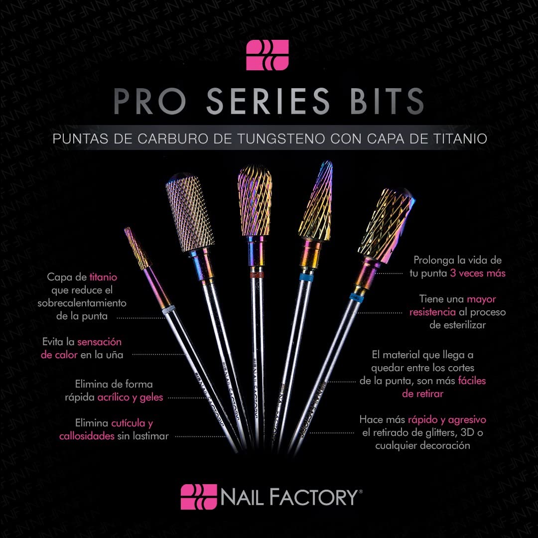 NAIL FACTORY - PRO SERIES BITS Punta Profesional de Seguridad 5 en 1 FINA para Drill de Uñas, Broca para uñas con aleación de TITANIO.…