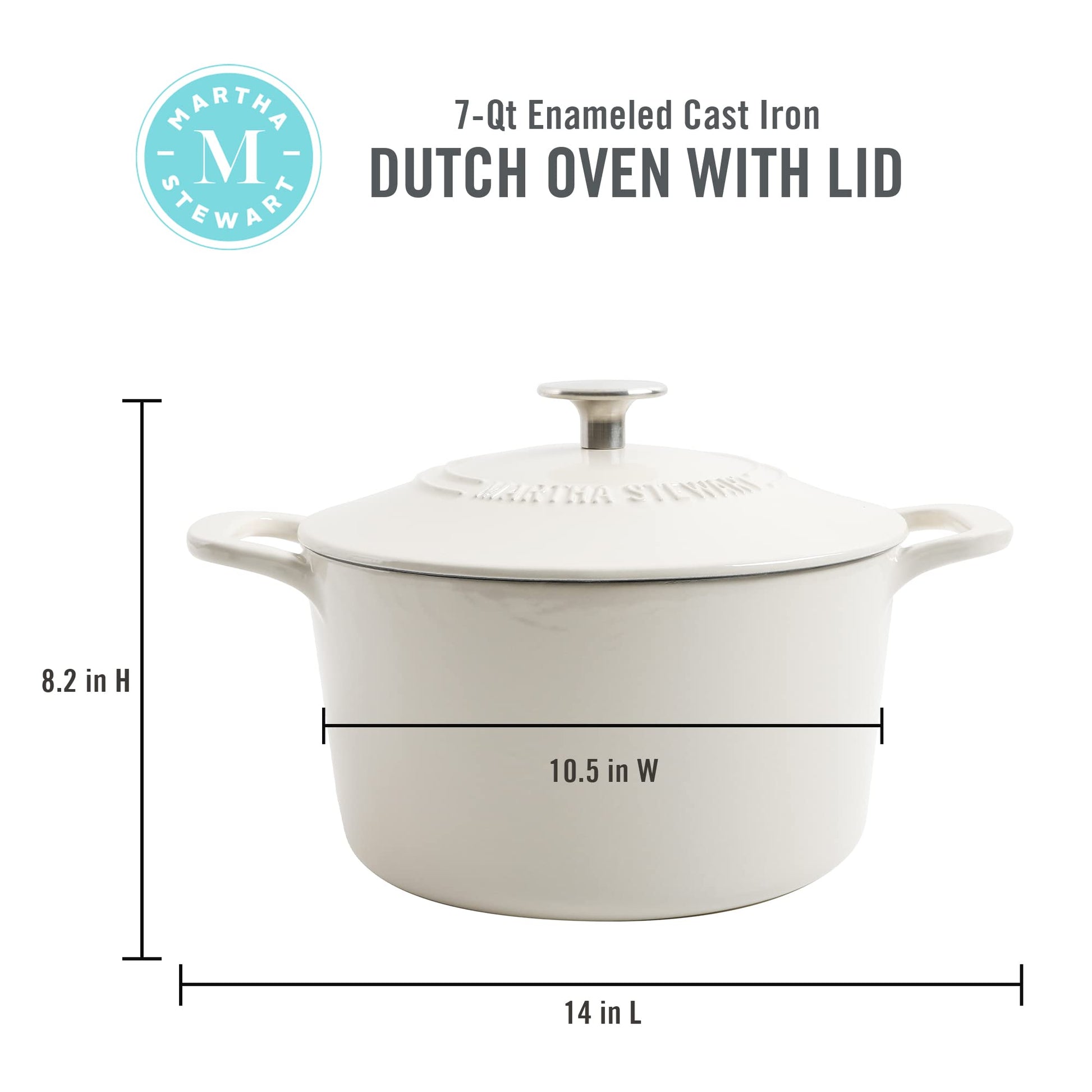 MARTHA STEWART Gatwick - Olla de hierro fundido esmaltada de 7 cuartos de galón con tapa, lino con perilla plateada