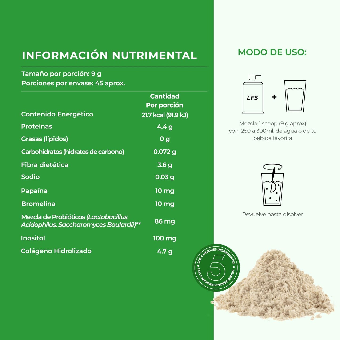 Colágeno Hidrolizado, Probióticos 50 billones, Enzimas Digestivas, Prebioticos y Inositol con 45 porciones. Colageno Hidrolizado en Polvo para Mujeres y Hombres || LIFEED5 COLLAGEN DIGEST
