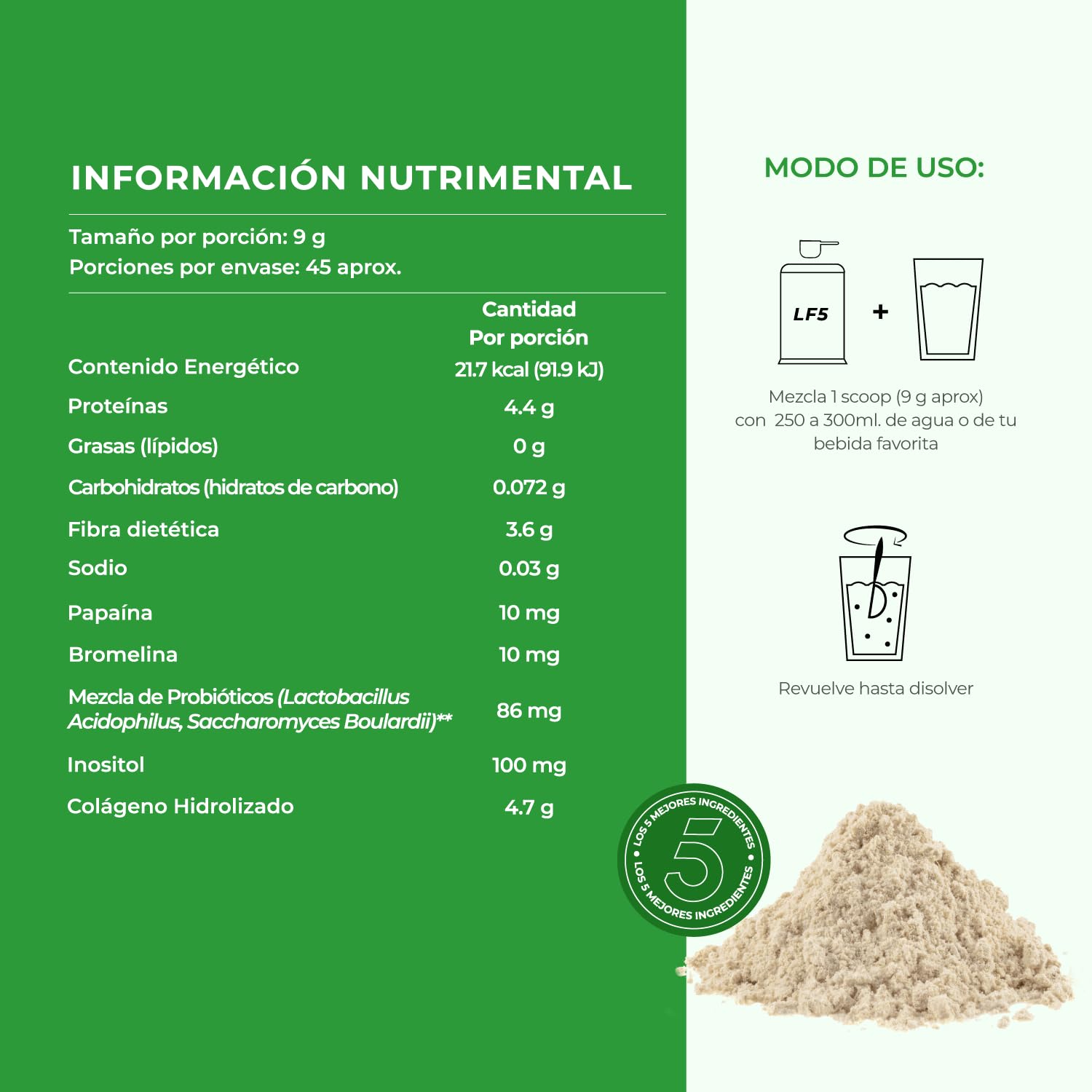 Colágeno Hidrolizado, Probióticos 50 billones, Enzimas Digestivas, Prebioticos y Inositol con 45 porciones. Colageno Hidrolizado en Polvo para Mujeres y Hombres || LIFEED5 COLLAGEN DIGEST