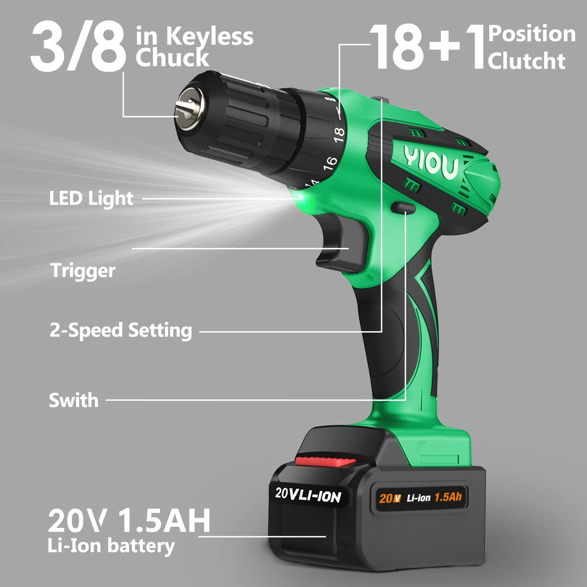 YIOU - Taladro inalámbrico de 20 V MAX, 18+1 embrague, 2 velocidades, 3/8 pulgadas, juego de brocas de 23 piezas, cargador de batería, verde, proyectos de bricolaje para el hogar