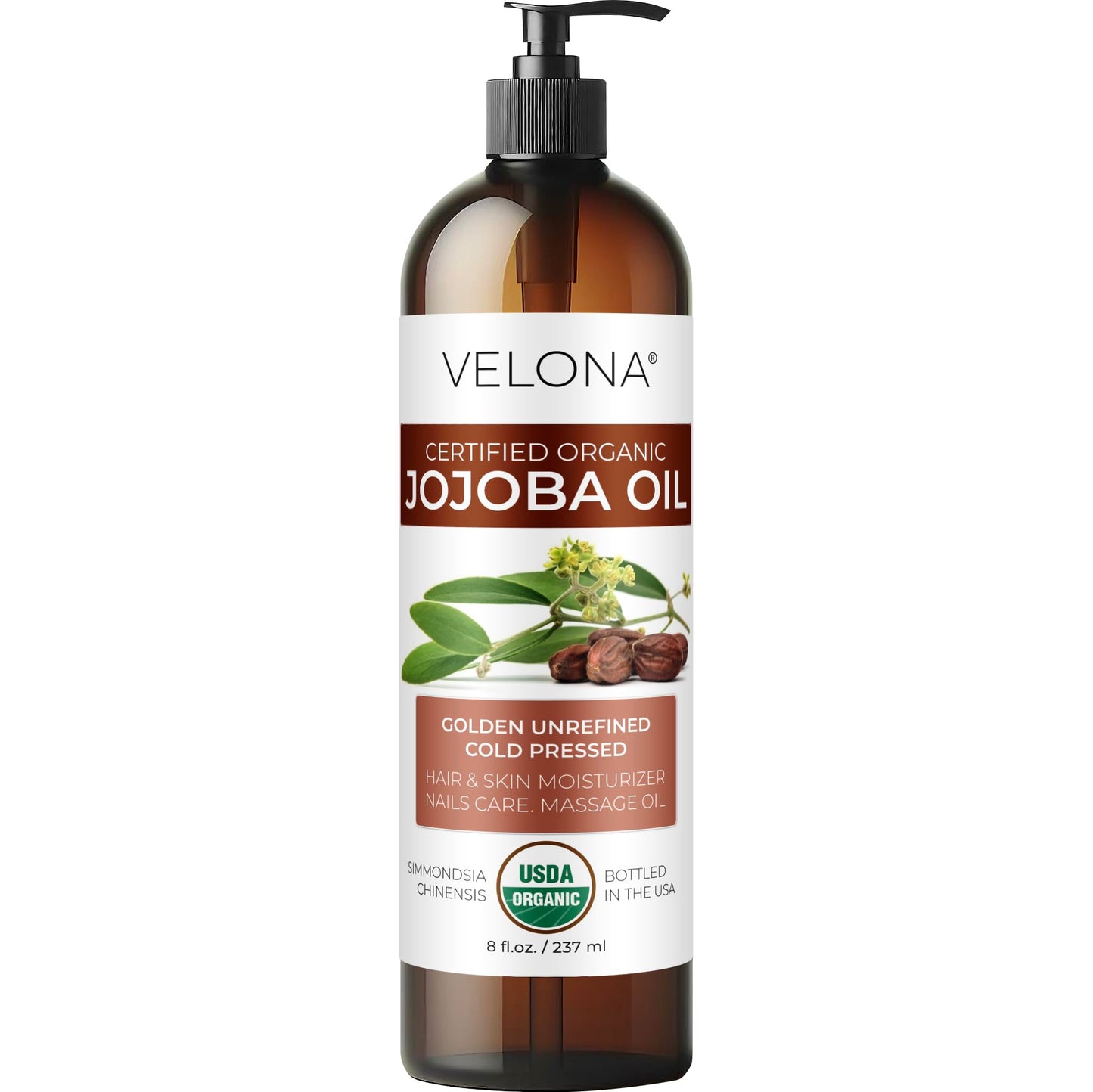 Velona - Aceite de jajoba 100% orgánico | Aceite de transporte transparente natural para el cuidado de la cara, el cabello, el cuerpo y la piel | sin refinar, prensado en frío | Tamaño: 2, 4, 8, 16, 24, 32, 64 oz y 7 lb, 236.58ml (8oz)