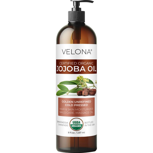 Velona - Aceite de jajoba 100% orgánico | Aceite de transporte transparente natural para el cuidado de la cara, el cabello, el cuerpo y la piel | sin refinar, prensado en frío | Tamaño: 2, 4, 8, 16, 24, 32, 64 oz y 7 lb, 236.58ml (8oz)