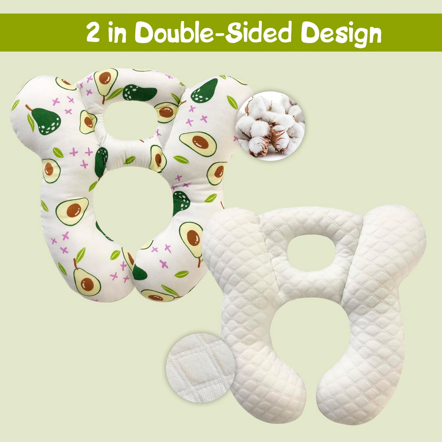 Almohada de viaje para bebé, cojín suave y agradable a la piel para asiento de coche, carriola y carriola (aguacate blanco)