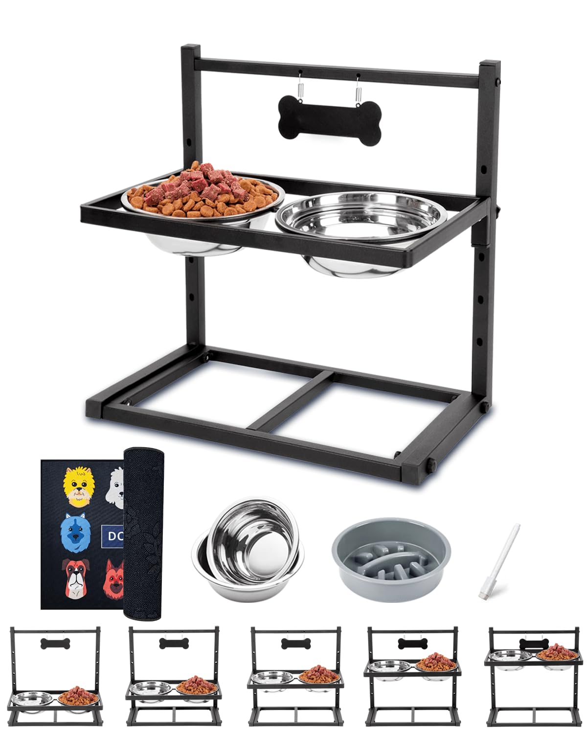 Cuencos elevados para perros con alimentador lento, soporte de tazón elevado de altura ajustable con 2 cuencos de acero inoxidable de 1200 ml, a prueba de derrames, cuencos para perros pequeños, medianos y grandes